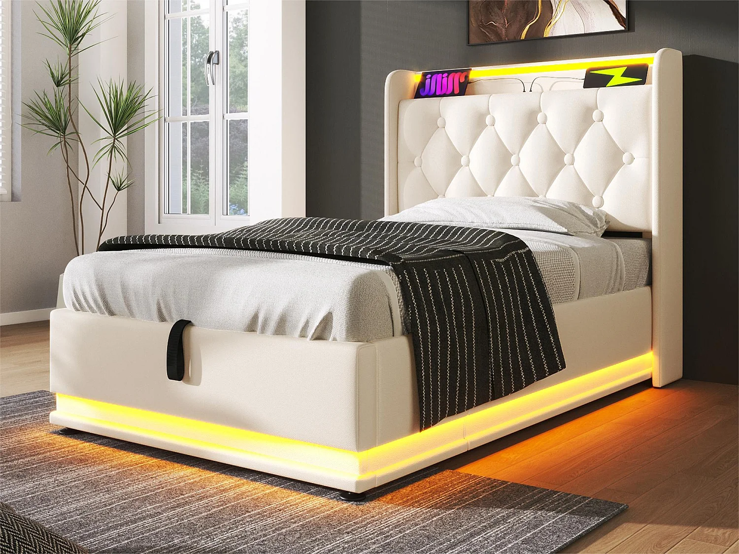 Łóżko 90x200cm z ekoskóry - z LED i gniazdami USB oraz Type-C - Białe 3295737 - obrazek 1