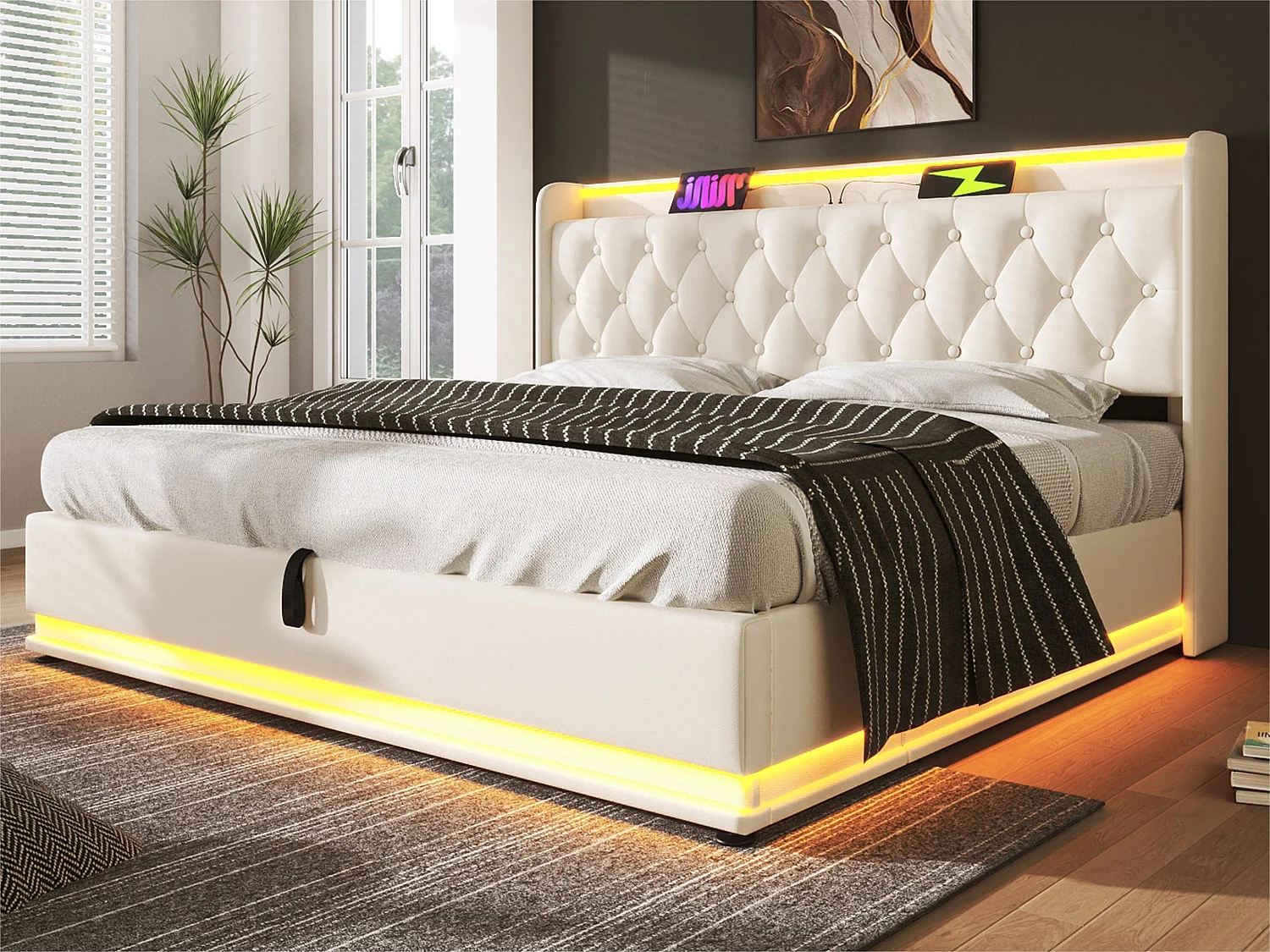 Łóżko 140x200cm z ekoskóry – z LED i gniazdami USB & Type-C – Białe 3295743