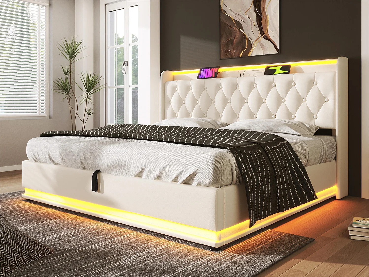 Łóżko 160x200cm z ekoskóry - z LED i gniazdami USB & Type-C - Białe 3295742 - obrazek 1