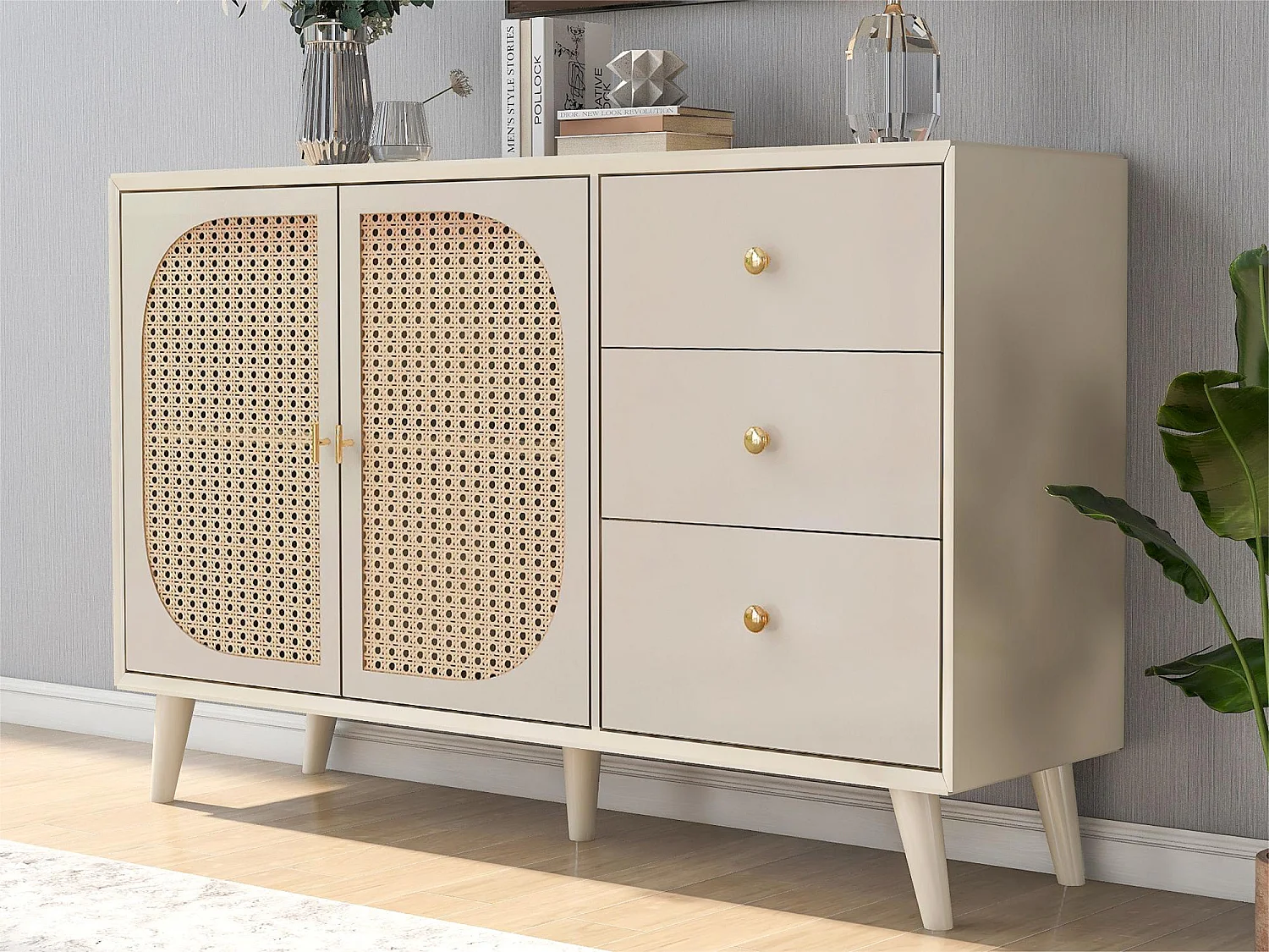 Bufet niski z 2 drzwiami i 3 szufladami – drzwi z rattanu – Kremowy 1590459