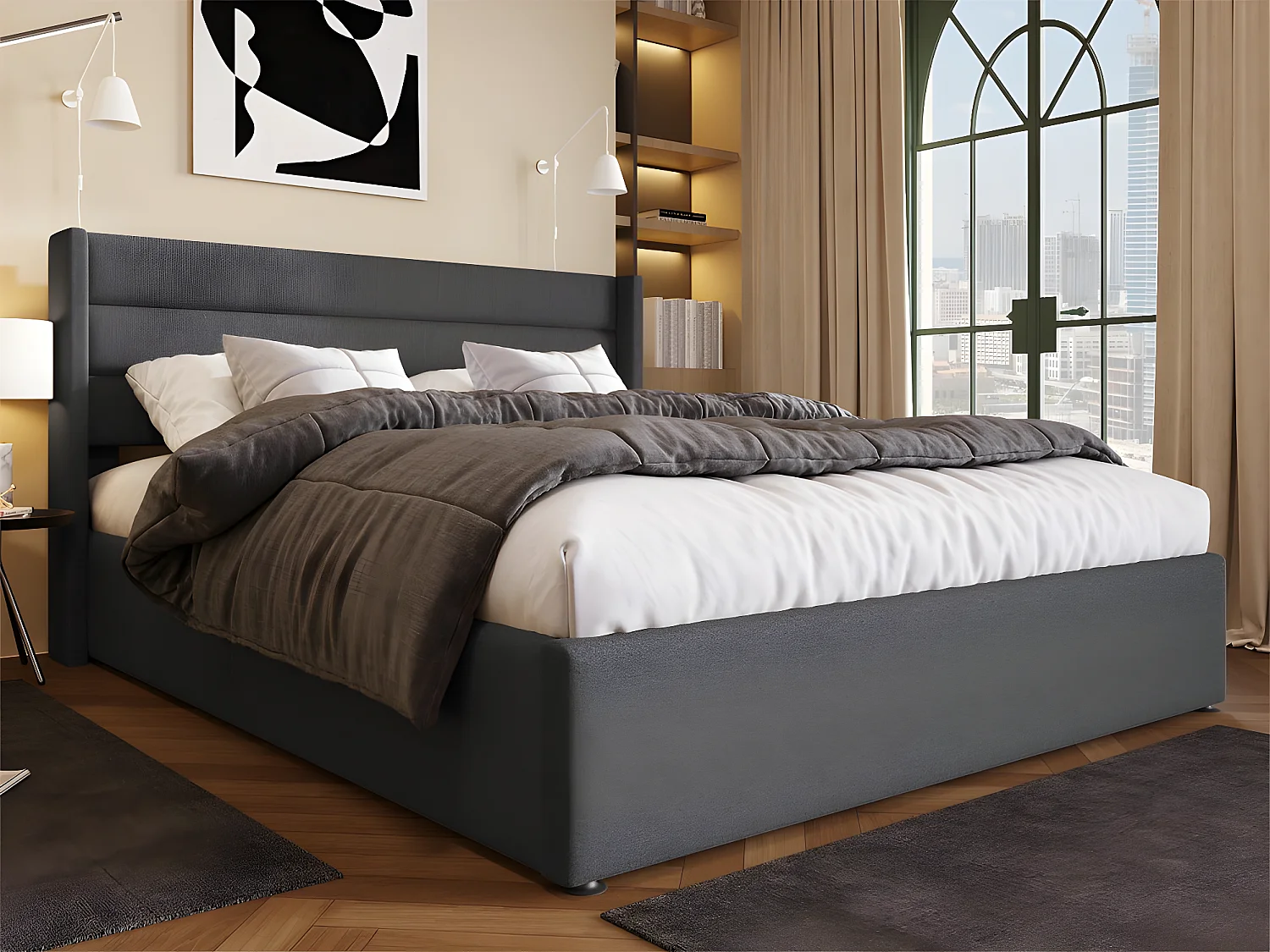 Łóżko 180x200cm z lnu z stelażem na listwach - Szare 1399011 - obrazek 1