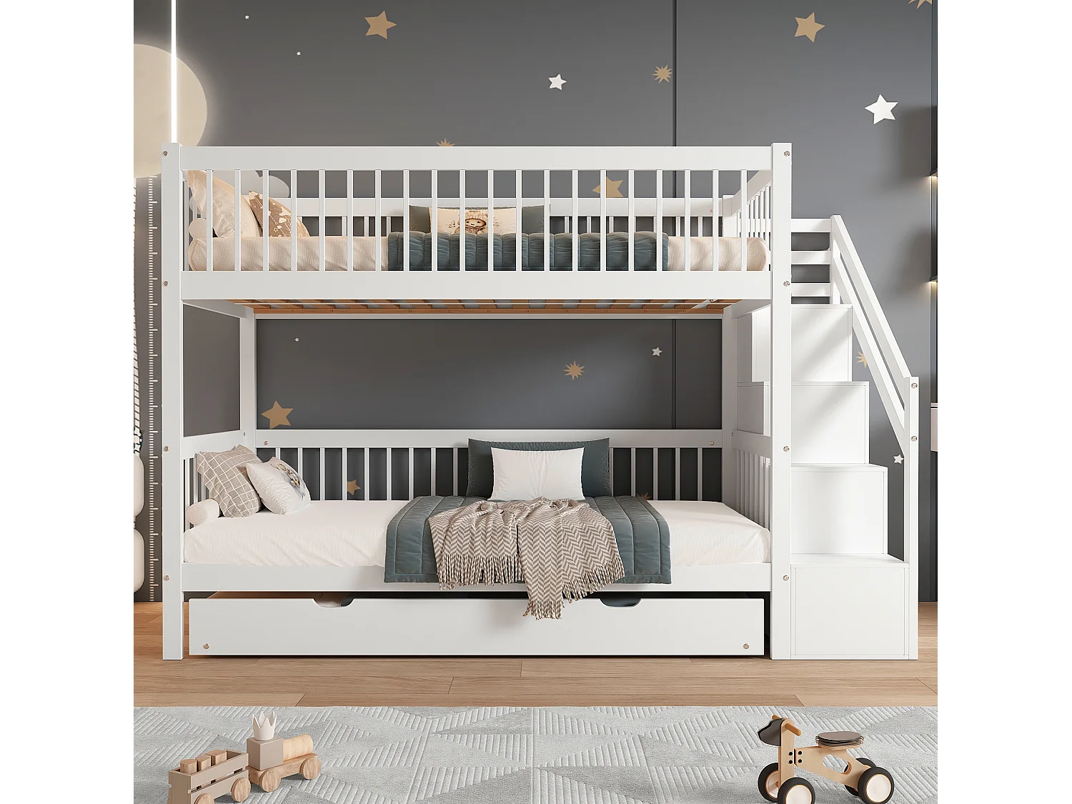 Łóżka piętrowe 2 x 90 x 200 cm + łóżko wysuwane 90 x 190 cm – 3 szuflady i schodki – sosna + płyta MDF – kolor biały 3351717