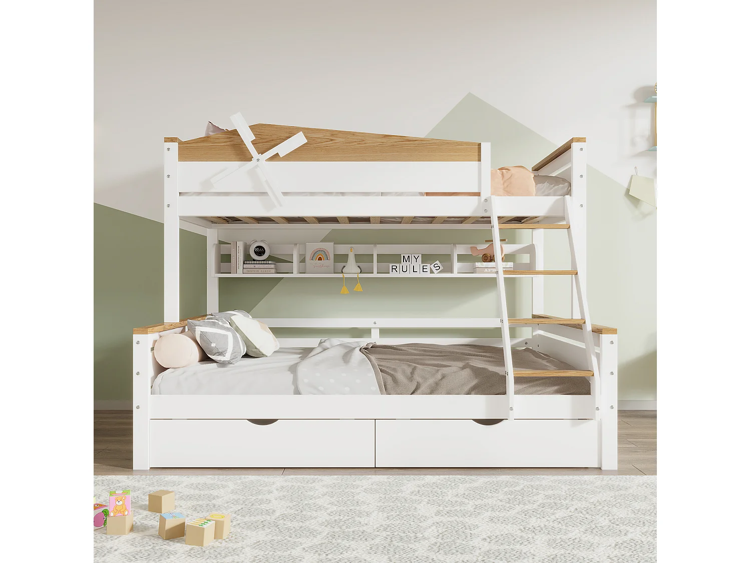 Łóżka piętrowe 2 x 90 x 200 cm + łóżko wysuwane 90 x 190 cm – z 2 dużymi szufladami i zagłówkiem – sosna + MDF – kolor: biały + naturalny 3351729