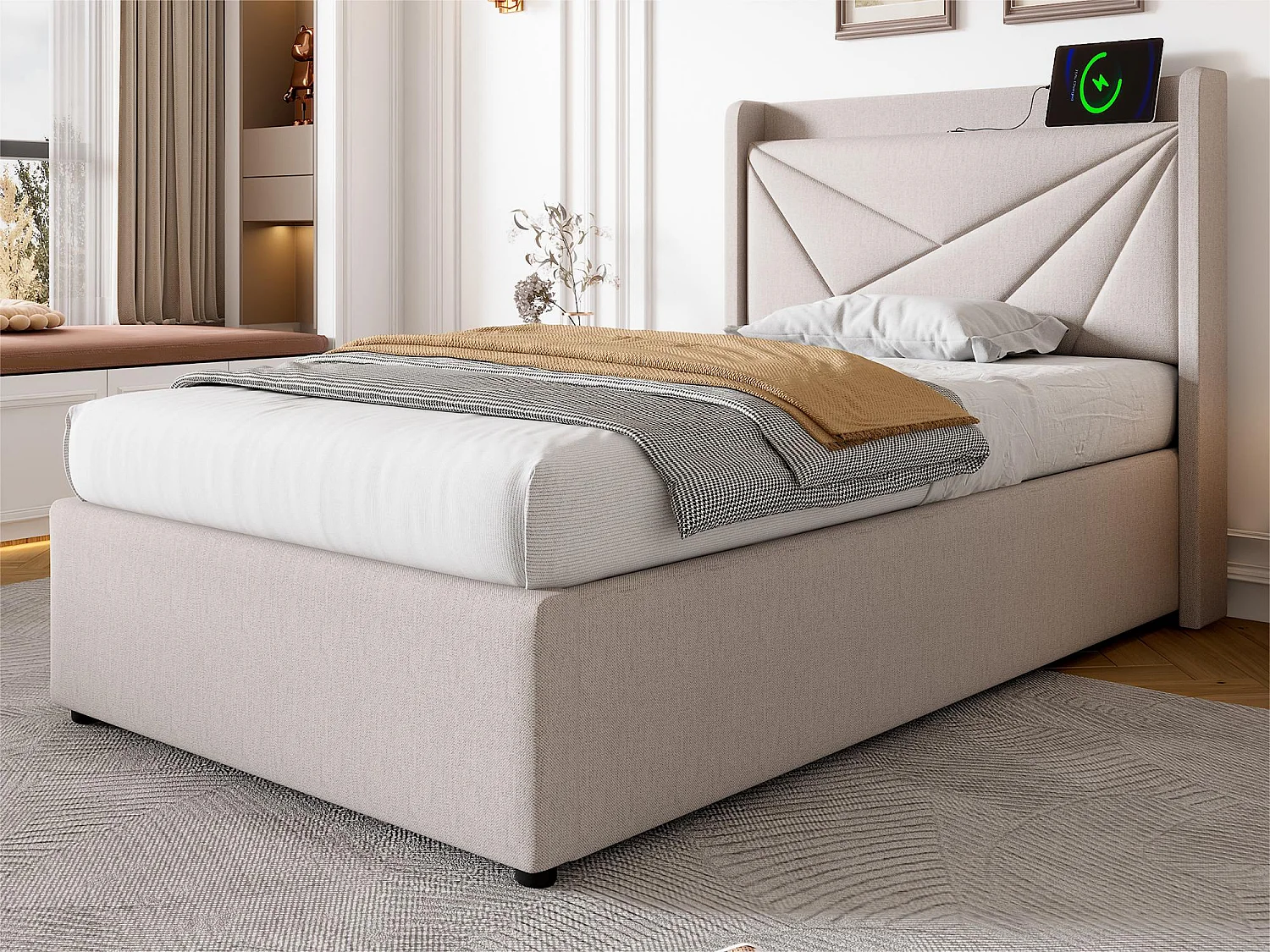 Łóżko 90x200cm z tkaniny lnianej - z portem USB i stelażem na listwy - Beżowe 1399081 - obrazek 1