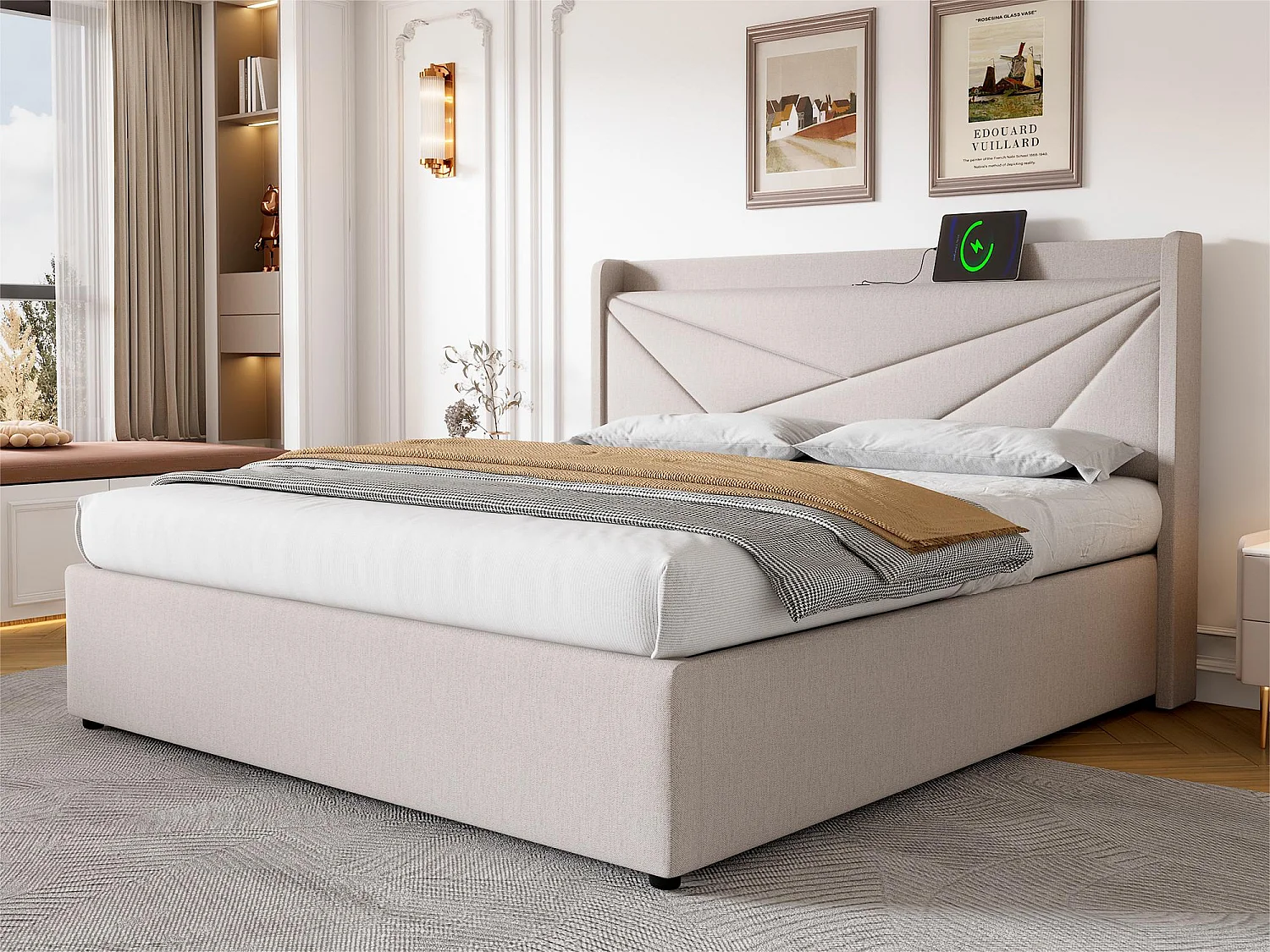 Łóżko 140x200cm z tkaniny lnianej - z portem USB i stelażem na listwy - Beżowe 1399085 - obrazek 1