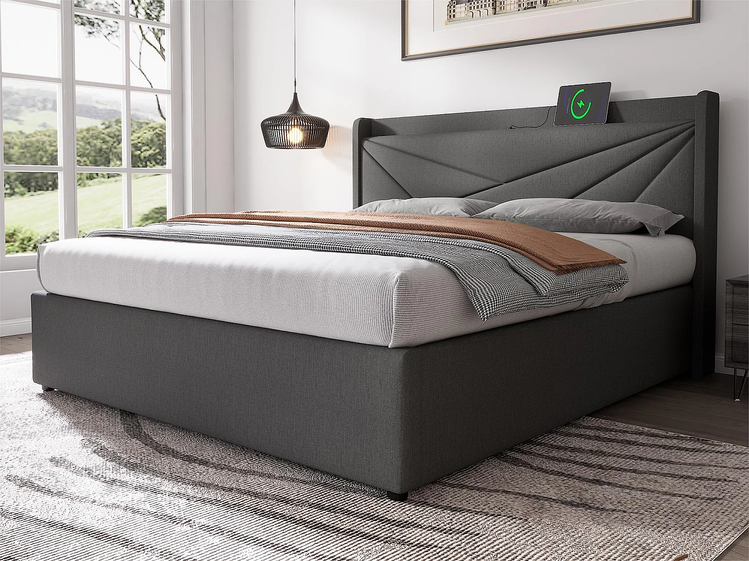 Łóżko 160x200cm z tkaniny lnianej - z portem USB i stelażem na listwy - Szare 1579809 - obrazek 1