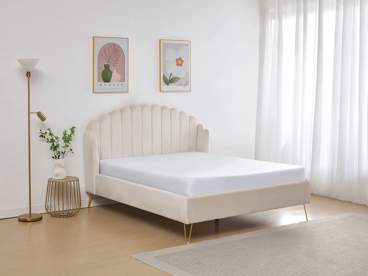 Łóżko 160 x 200 cm z zagłówkiem płotkiem - Welur - Beżowy + Materac - SAGALI 3347787 - obrazek 1