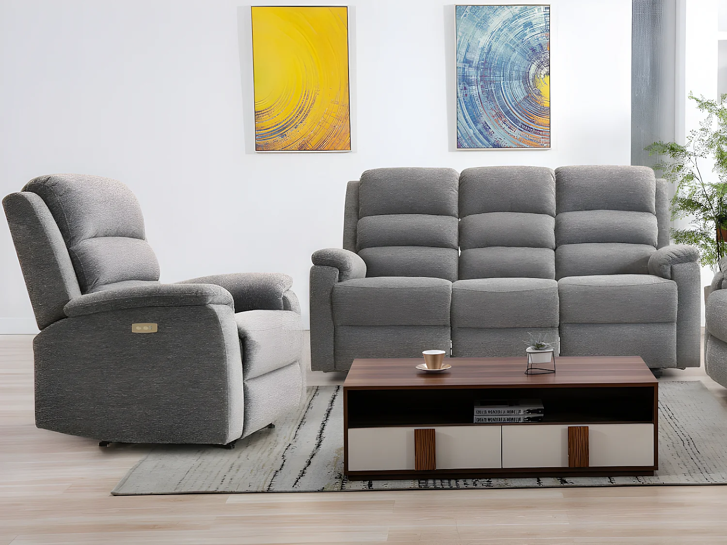 Kanapa 3-osobowa i fotel z tkaniny z elektryczną funkcją relax NEVERS - Szara 122263 - obrazek 1