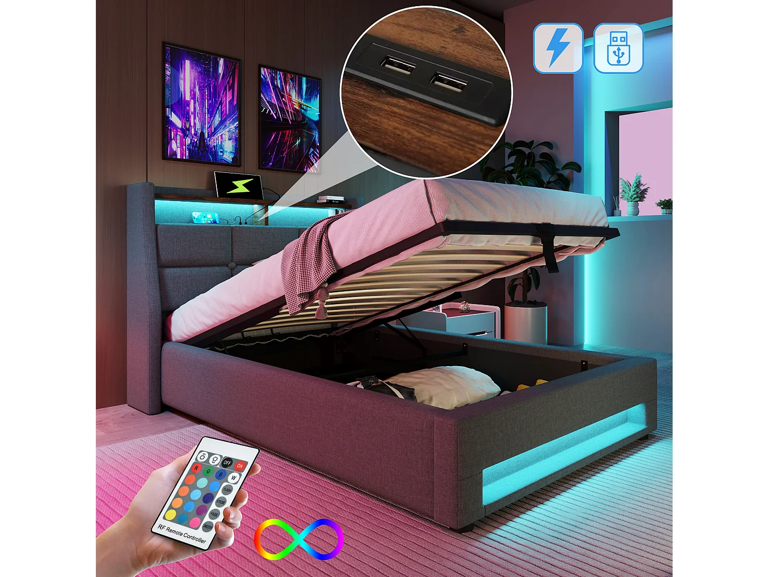 Łóżko 90 x 200 cm ze schowkiem i zagłówkiem ze schowkiem - port USB i diody LED - tkanina lniana - szary 3402641 - obrazek 1