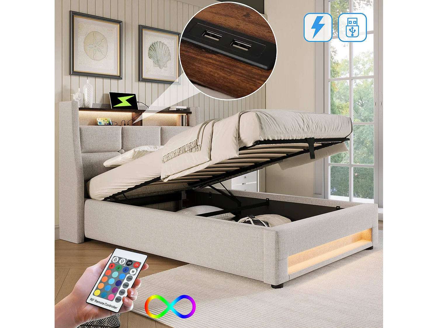Łóżko 90 x 200 cm ze schowkiem i zagłówkiem ze schowkiem - port USB i diody LED - tkanina lniana - beż 3402683 - obrazek 1