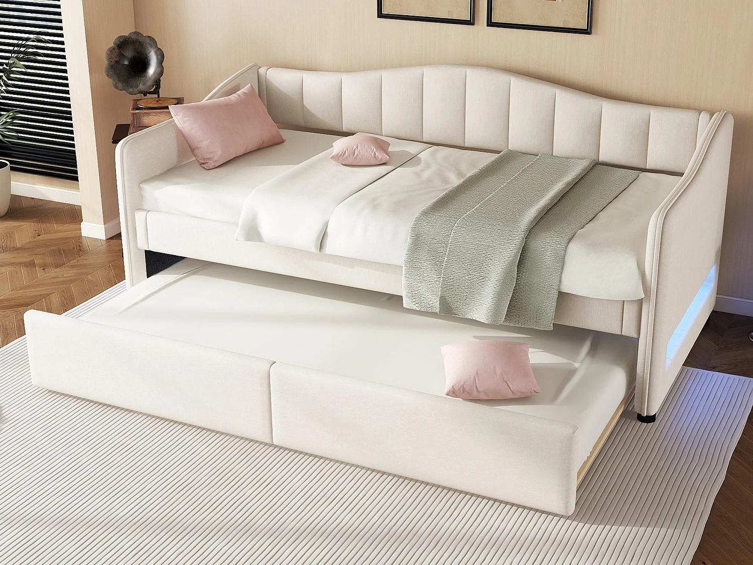 Łóżko banquette 90x200cm z LED + łóżko wysuwane 90x190cm – tapicerowane tkaniną lnianą – Beżowe (materac nie jest w zestawie) 3427360