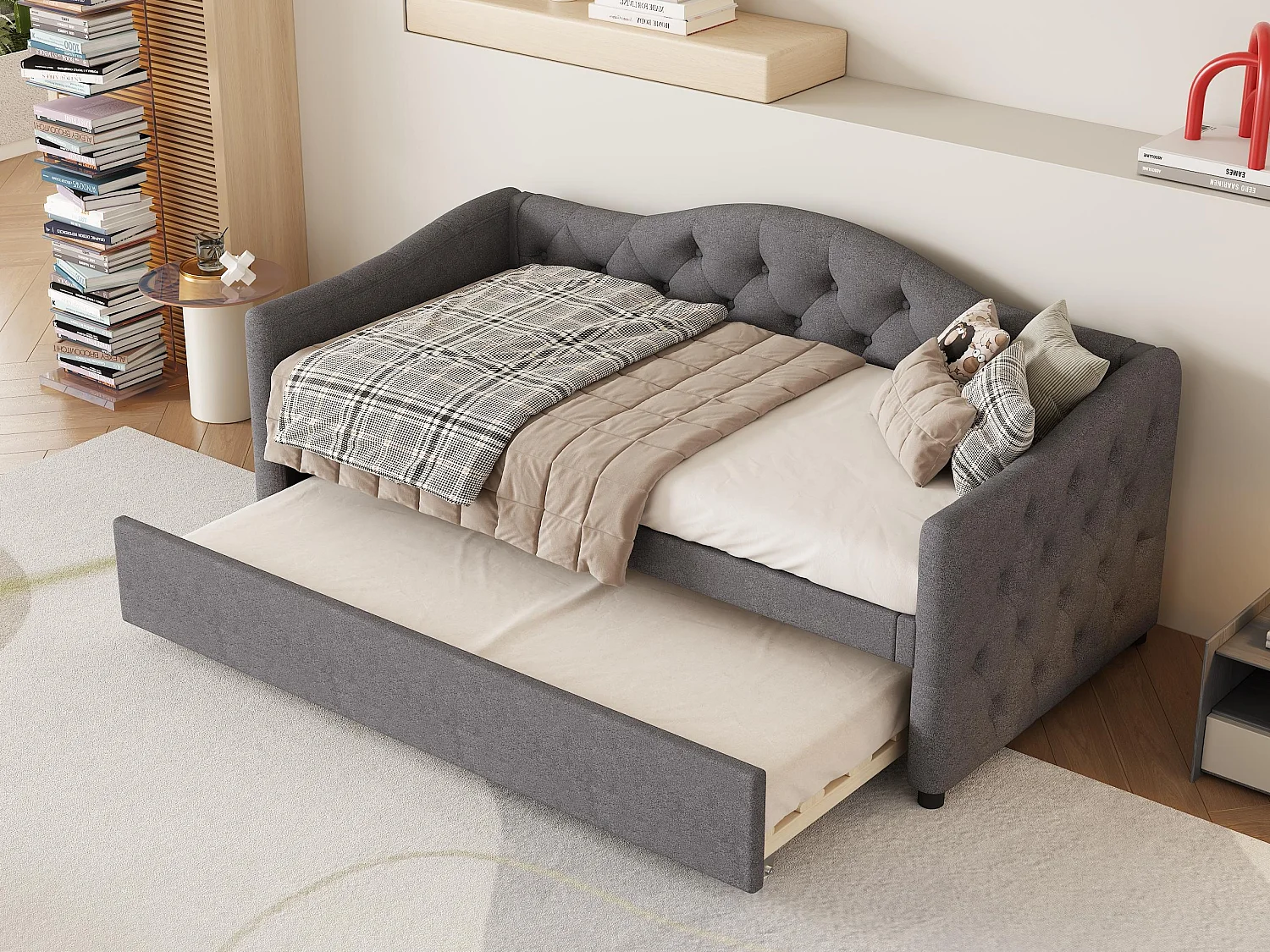 Łóżko banquette 90x200cm + łóżko wysuwane 90x190cm – tapicerowane w tkaninę lnianą – Szare (materac nie jest w zestawie) 3427361