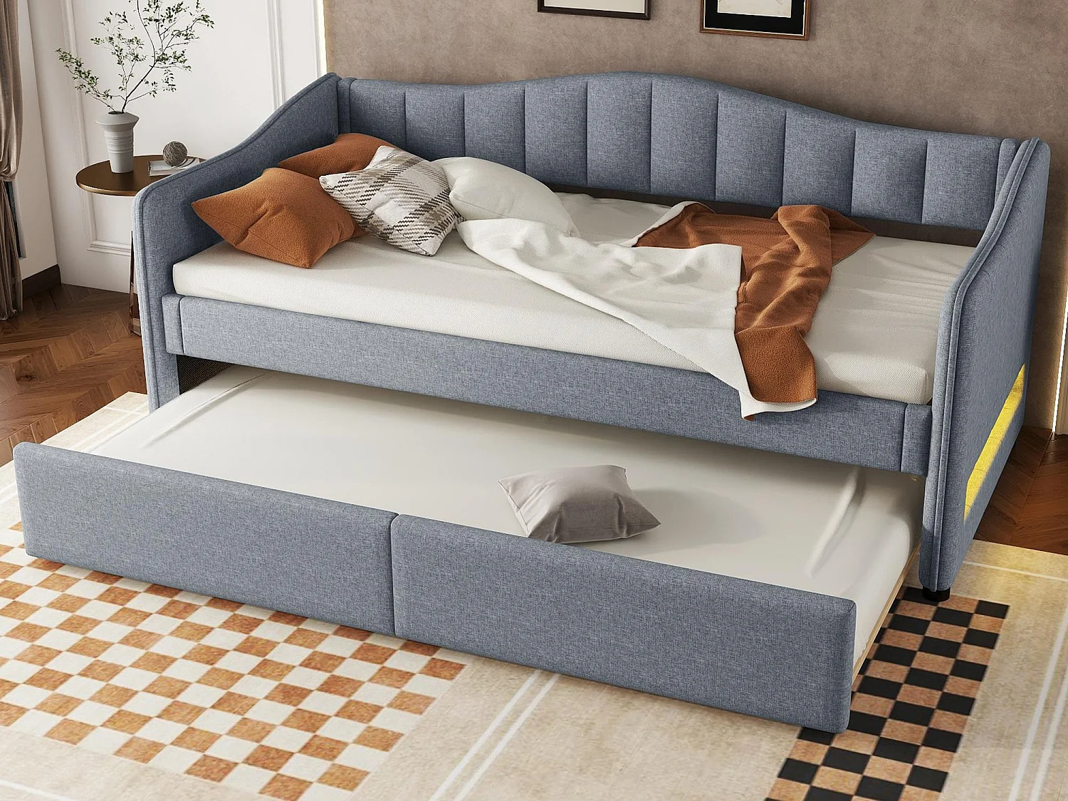 Łóżko banquette 90x200cm z LED + łóżko wysuwane 90x190cm - tapicerowane tkaniną lnianą - Szare (materac nie jest w zestawie) 3427363 - obrazek 1