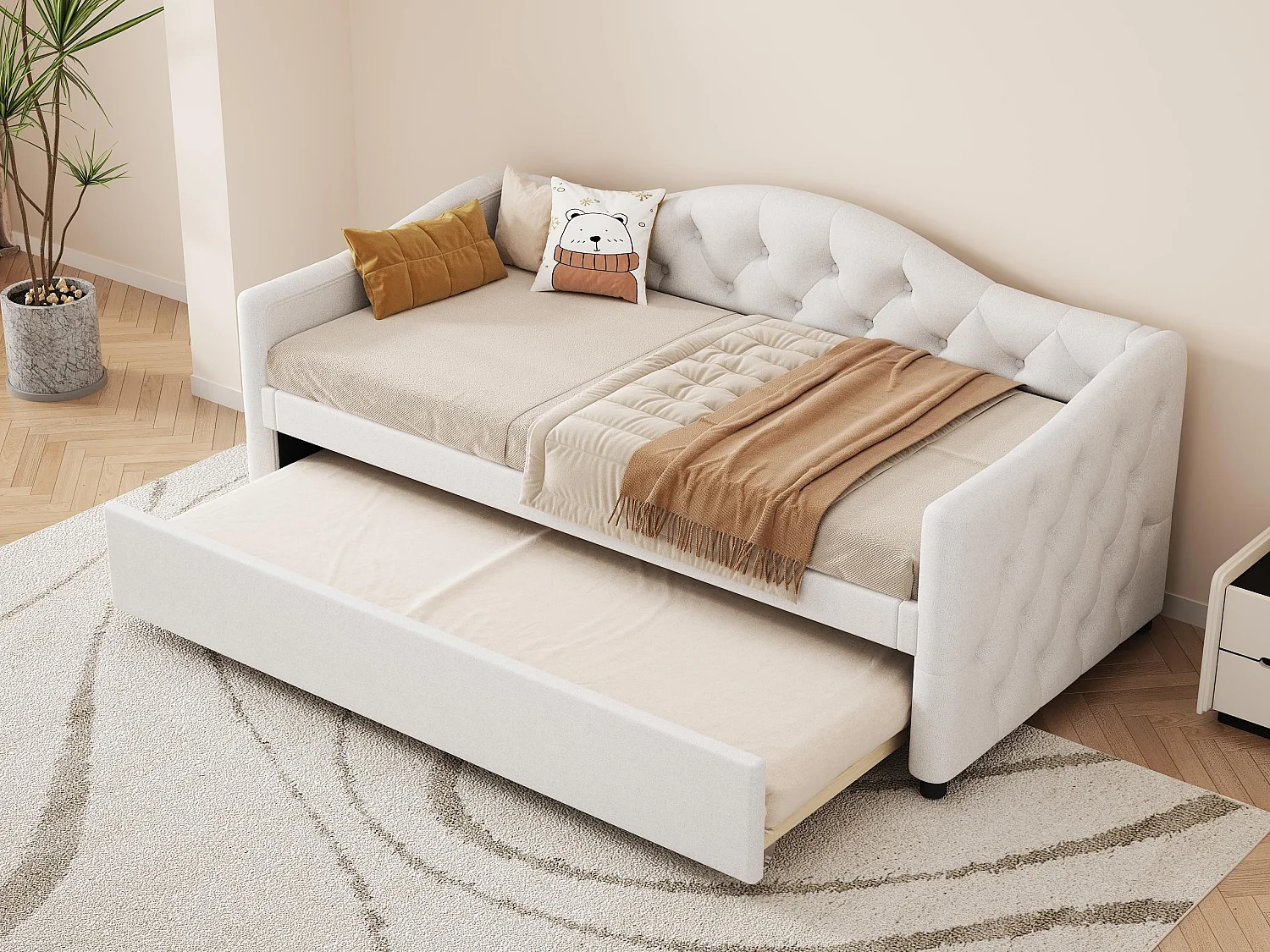 Łóżko banquette 90x200cm + łóżko wysuwane 90x190cm – tapicerowane w tkaninę lnianą – Beżowe (materac nie wchodzi w skład) 3427366