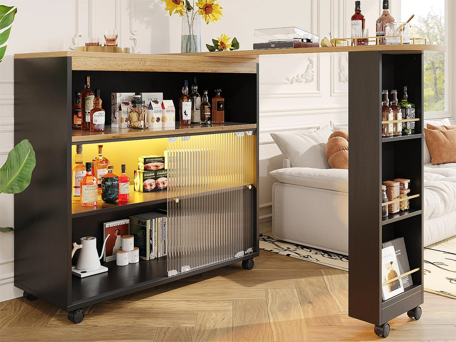 Bufet, obrotowy i chowany mebel barowy z LED – przegrody i półka na przyprawy – czarny 3427398