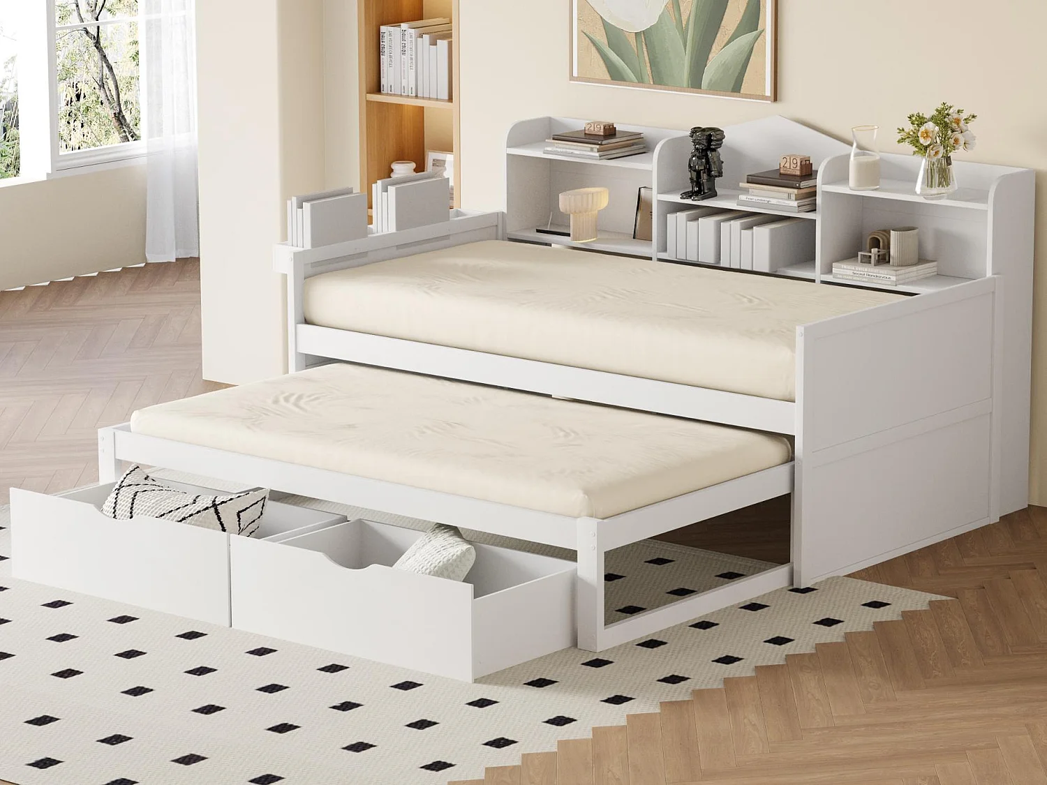 Łóżko banquette 90x200cm z drewna – z łóżkiem wysuwanym 90x190cm i 2 szufladami – z gniazdem USB – Białe 3429621