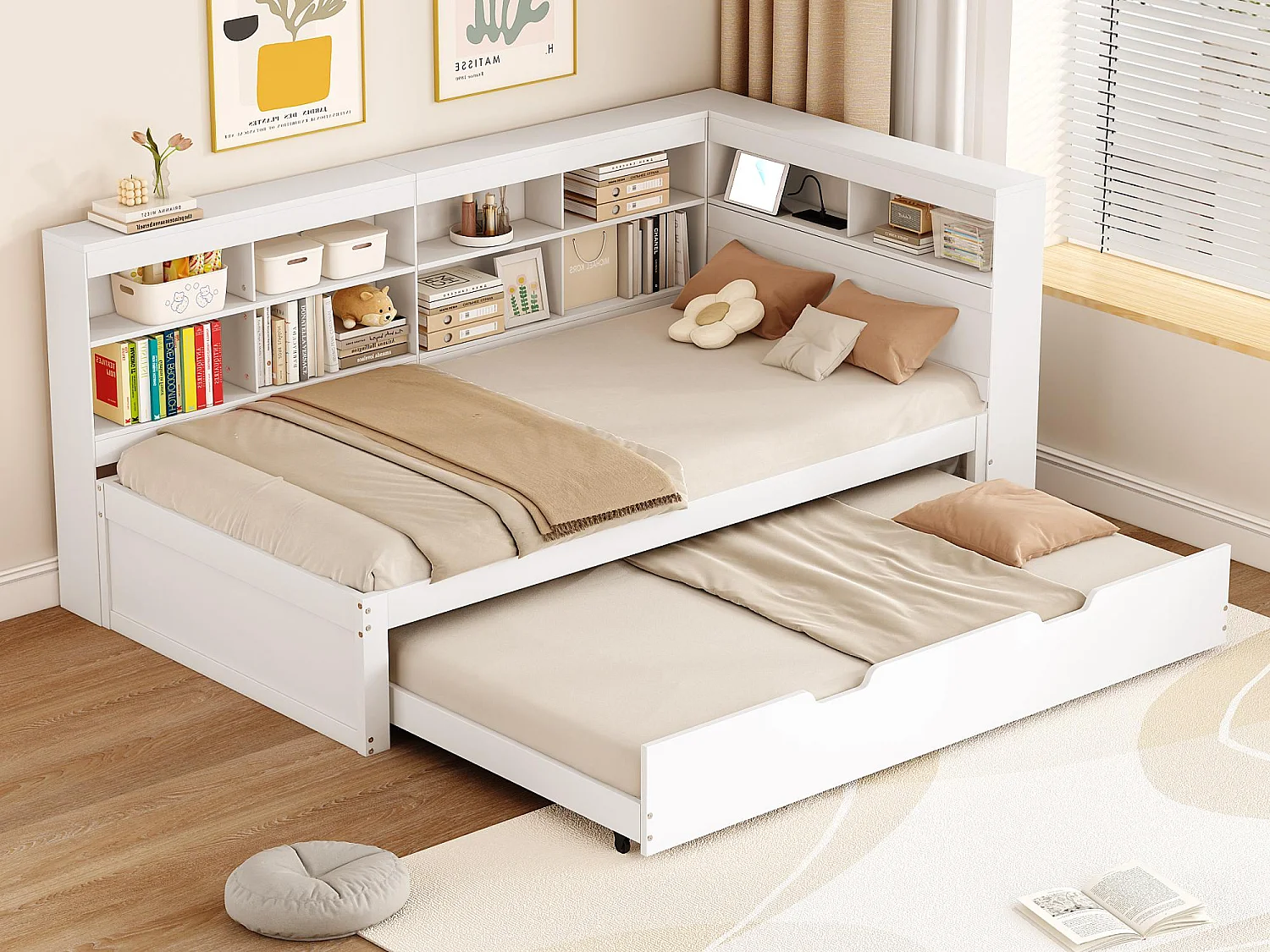 Łóżko banquette 90x200cm z drewna – z łóżkiem wysuwanym 90x190cm i gniazdem USB – 10 przegród – Białe 3429622