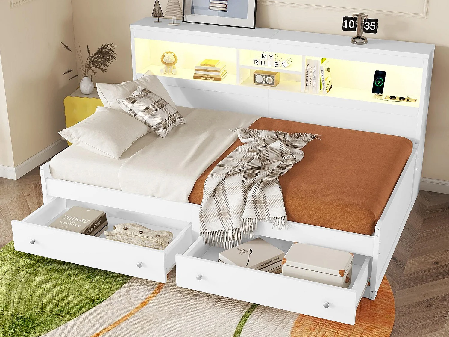 Łóżko banquette 90x200cm – z gniazdem USB i 2 szufladami – stelaż na listwach – Białe 3432765