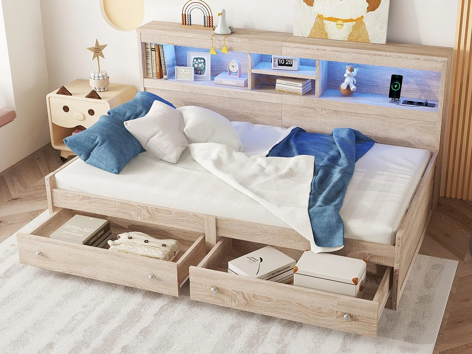 Łóżko banquette 90x200cm – z gniazdem USB i 2 szufladami – stelaż na listwach – Naturalny 3432764