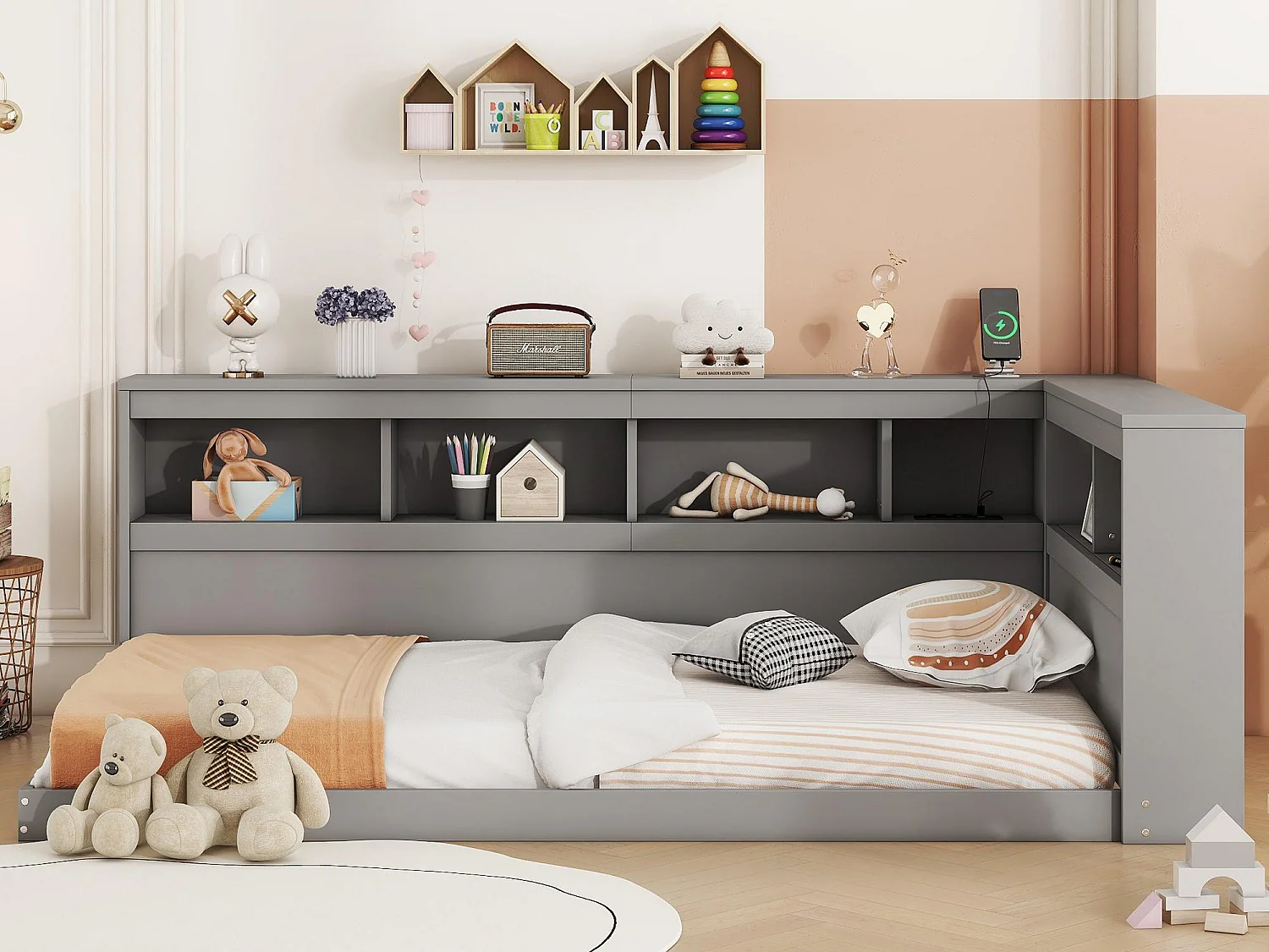 Łóżko banquette 90x200cm – z portami USB i schowkami – Szare 3447984