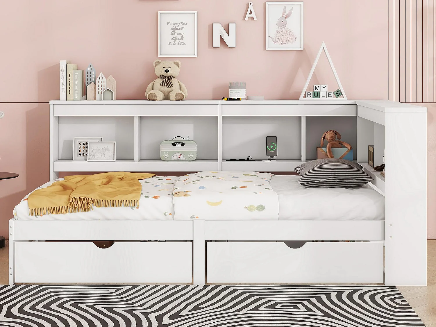 Łóżko banquette 90x200cm – z portami USB i schowkami – Białe 3447985