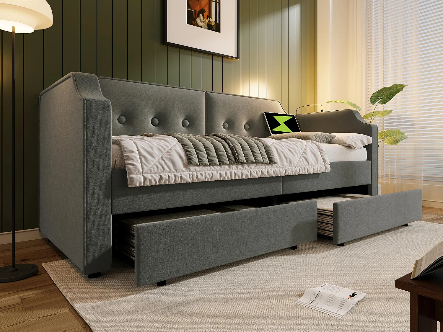 Łóżko banquette 90x200cm z weluru - z funkcją ładowania i LED - z stelażem na listwy - Szary 3447990 - obrazek 1