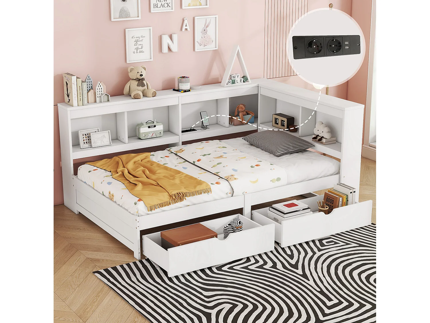 Łóżko 90 x 200 cm, sofa rozkładana - 2 szuflady, półki do przechowywania i 2 gniazda USB - Płyta wiórowa - Biały 3453576 - obrazek 1