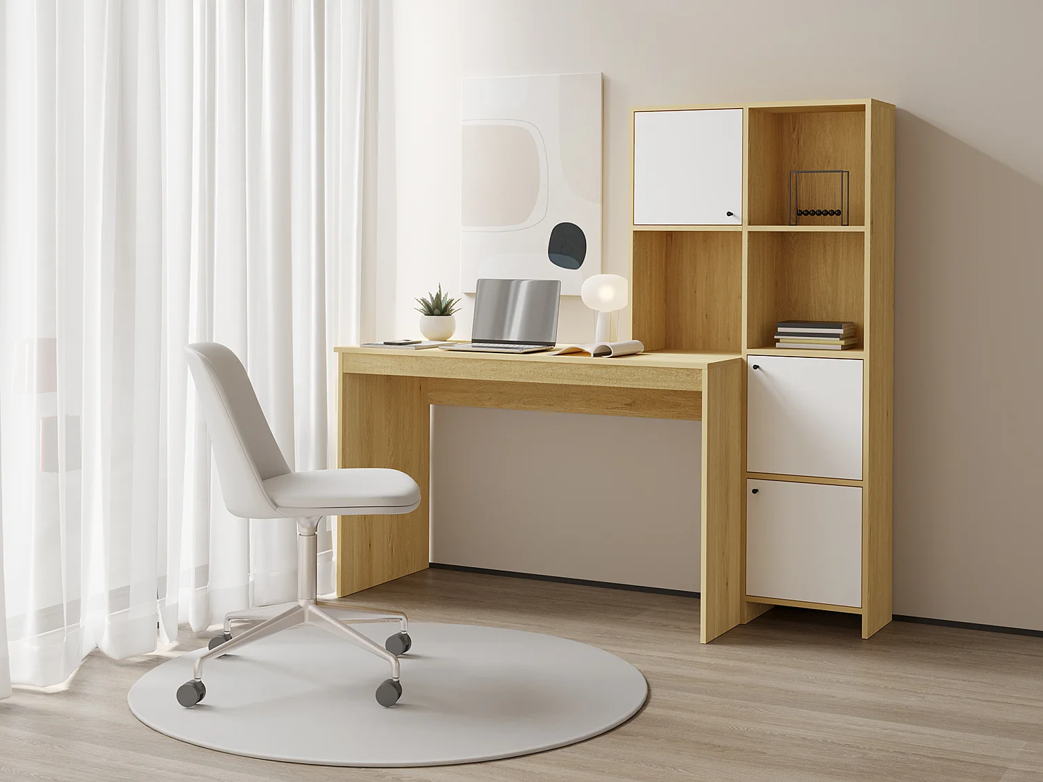 Biurko z 3 szafkami i 3 wnękami - Naturalny i biały - ALIOBINI 2647909 - obrazek 1