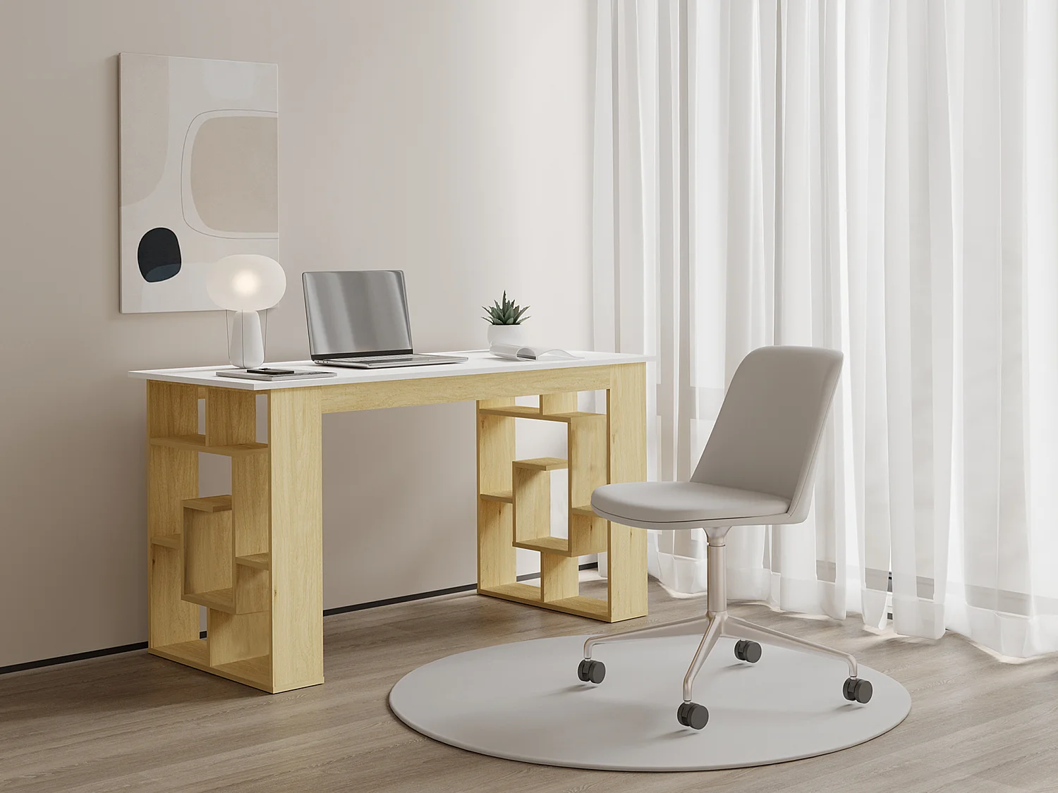 Biurko z 10 półkami - Naturalny i biały - JOVISO 2647913 - obrazek 1