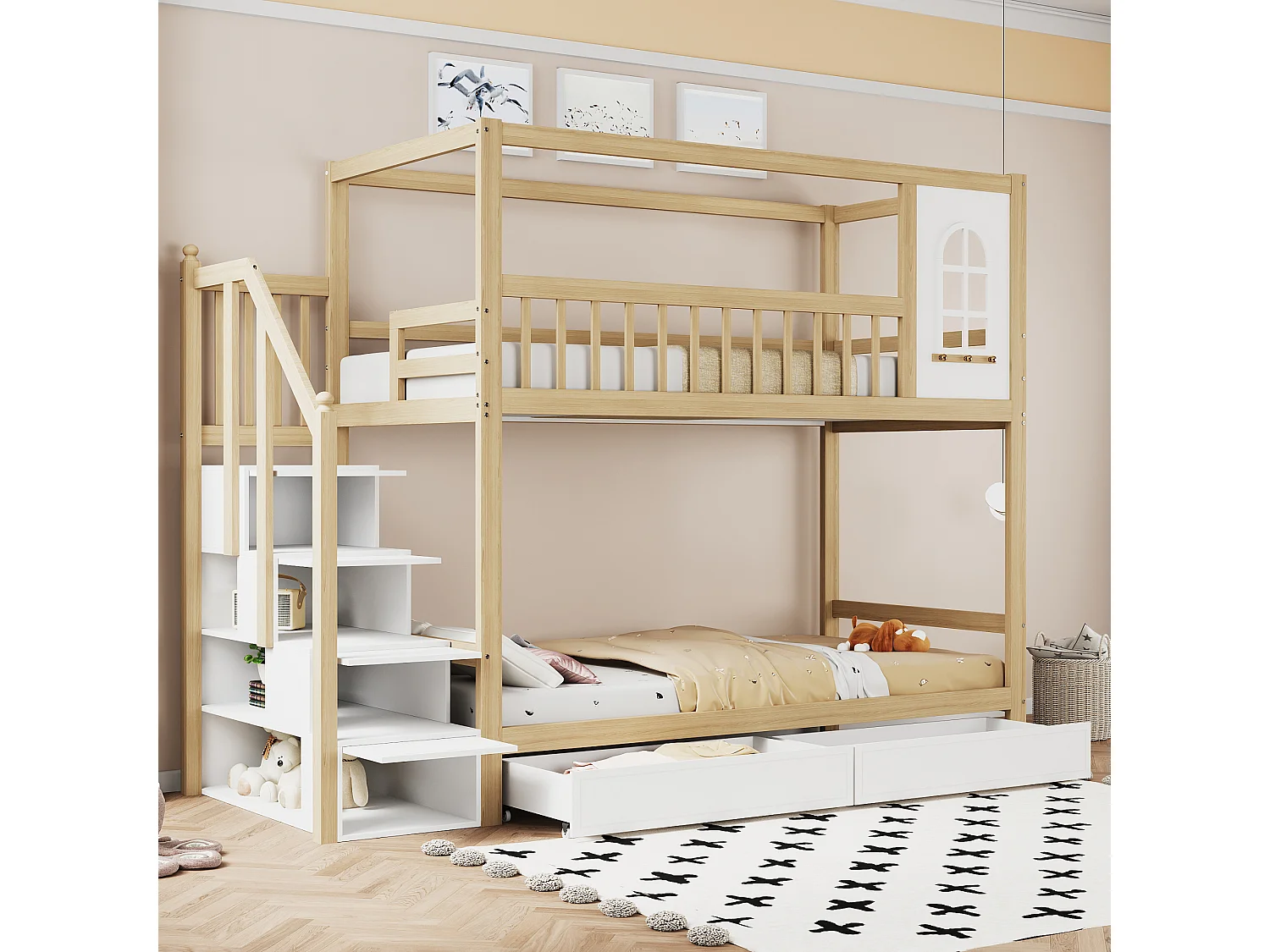 Łóżka piętrowe 2 x 90 x 200 cm z 2 szufladami, półkami i schodkami – lite drewno – naturalny + biały (bez materaca) 3459960