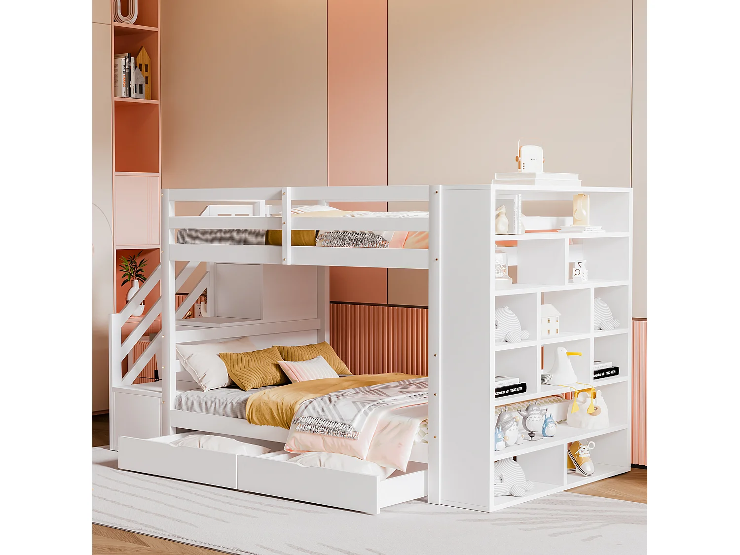 Łóżka piętrowe 2 x 90 x 200 cm z 2 szufladami i dużymi szafkami i schodkami – drewno sosnowe + MDF – białe (bez materaca) 3459958