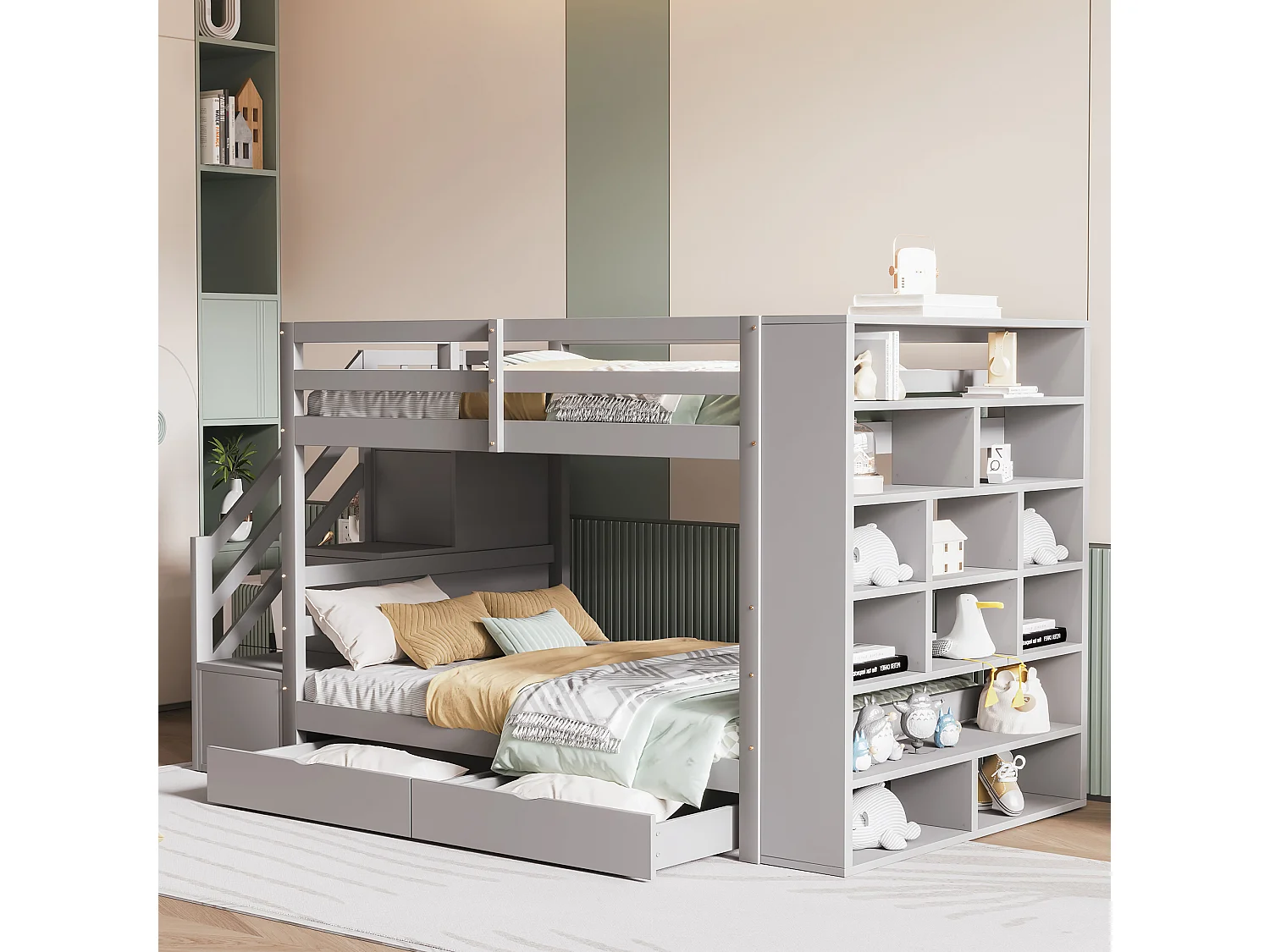 Łóżka piętrowe 2 x 90 x 200 cm z 2 szufladami i dużymi szafkami i schodami – drewno sosnowe + MDF – szare (bez materaca) 3459966