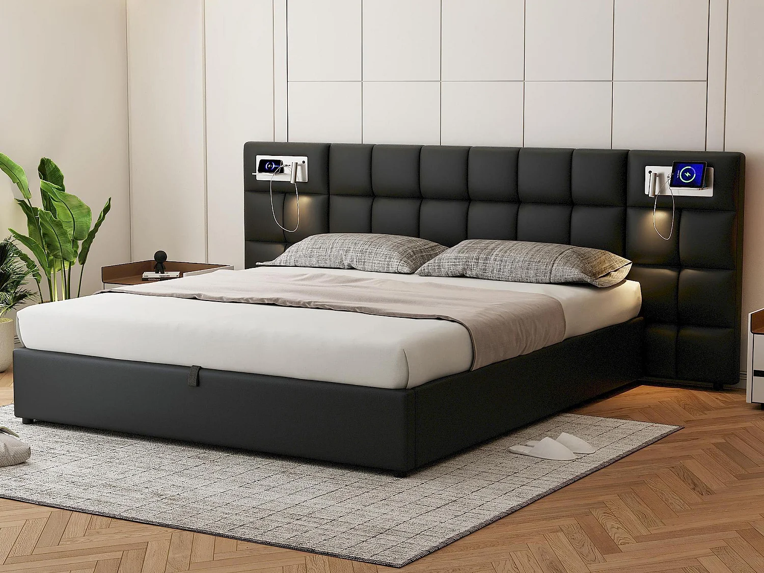 Łóżko 180x200cm z tkaniny sztucznej skóry - z portem USB, ładowaniem bezprzewodowym i LED - z stelażem na listwach - Czarny 3465259 - obrazek 1