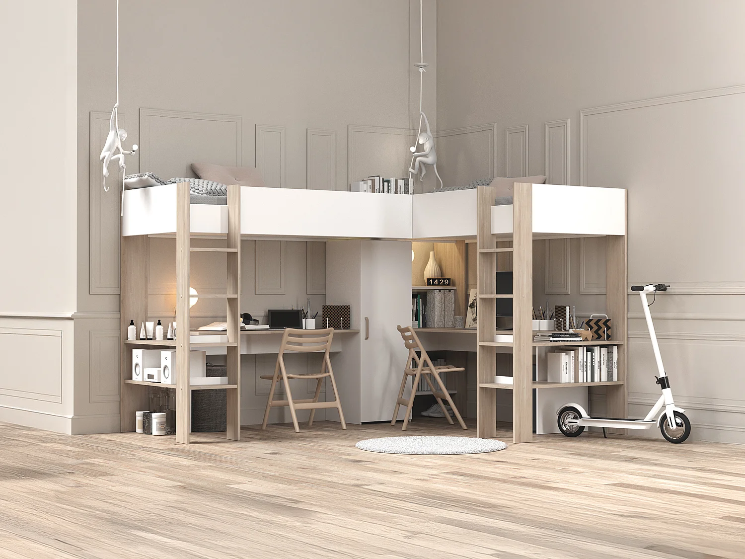 Łóżko antresola podwójne narożne 2 x 90 x 200 cm - ze skrzynią i i biurkami - Biały i naturalny - LASCANO 3347517 - obrazek 1