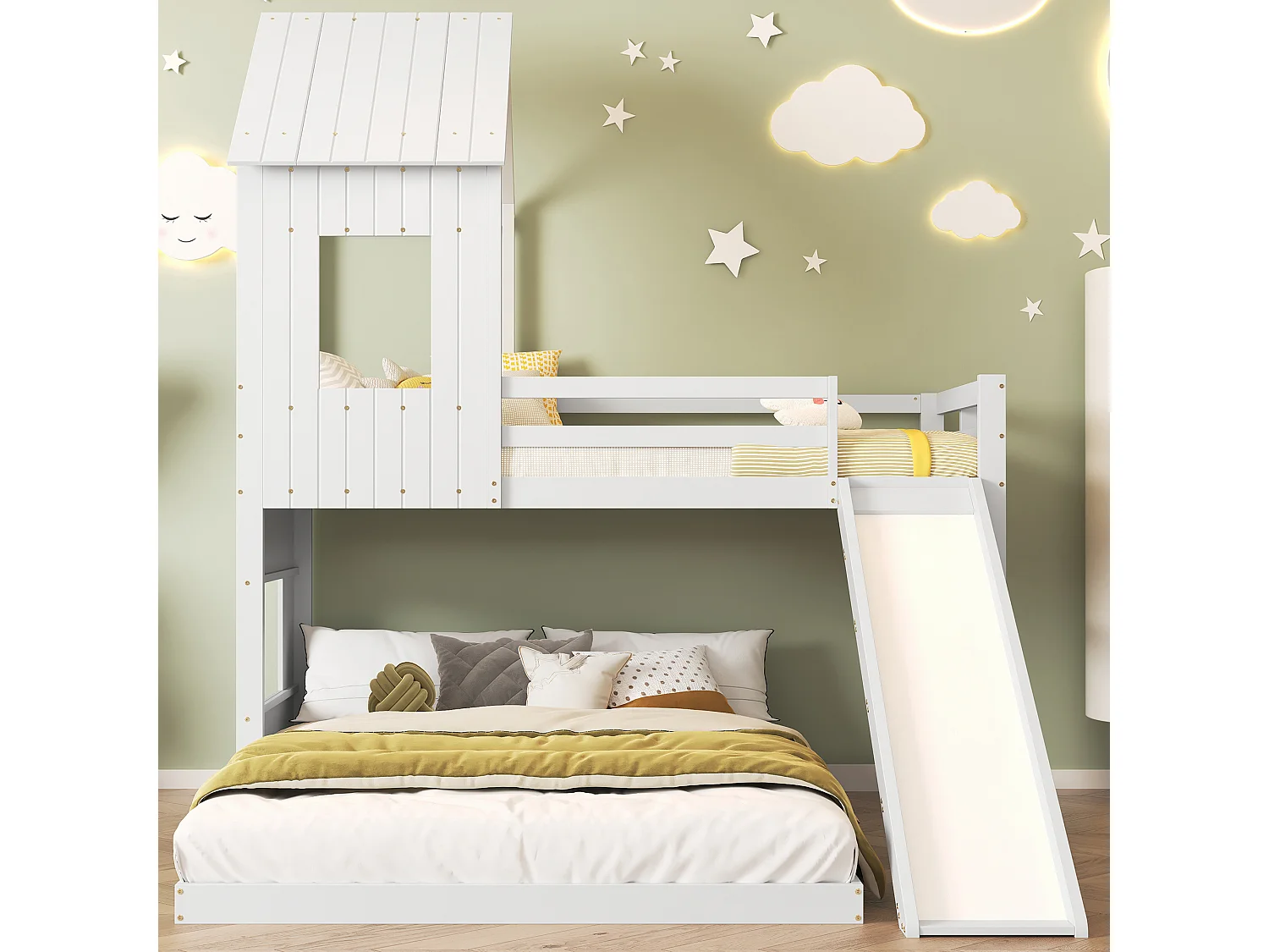 Łóżka piętrowe 90 x 200 cm + 140 x 200 cm ze zjeżdżalnią, oknem i dachem dla dzieci – drewno sosnowe + MDF – białe (bez materaca) 3508884