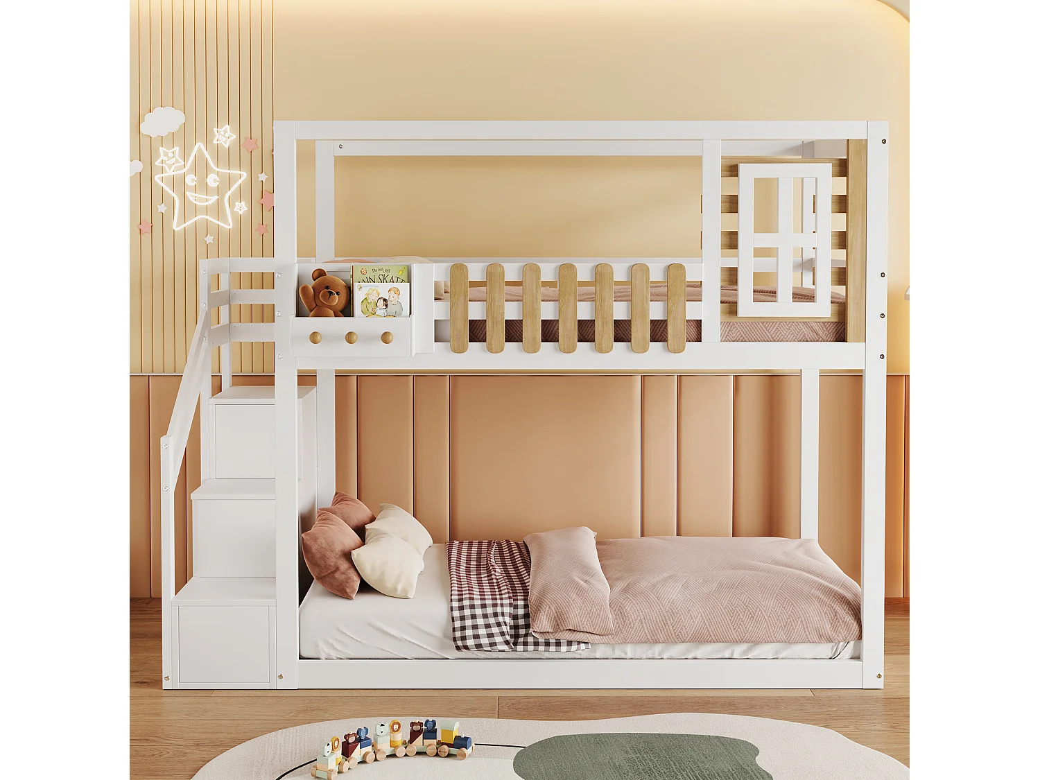 Łóżka piętrowe 2 x 90 x 200 cm ze schodami, oknem i 3 szafkami – drewno sosnowe + MDF – białe (bez materaca) 3508886