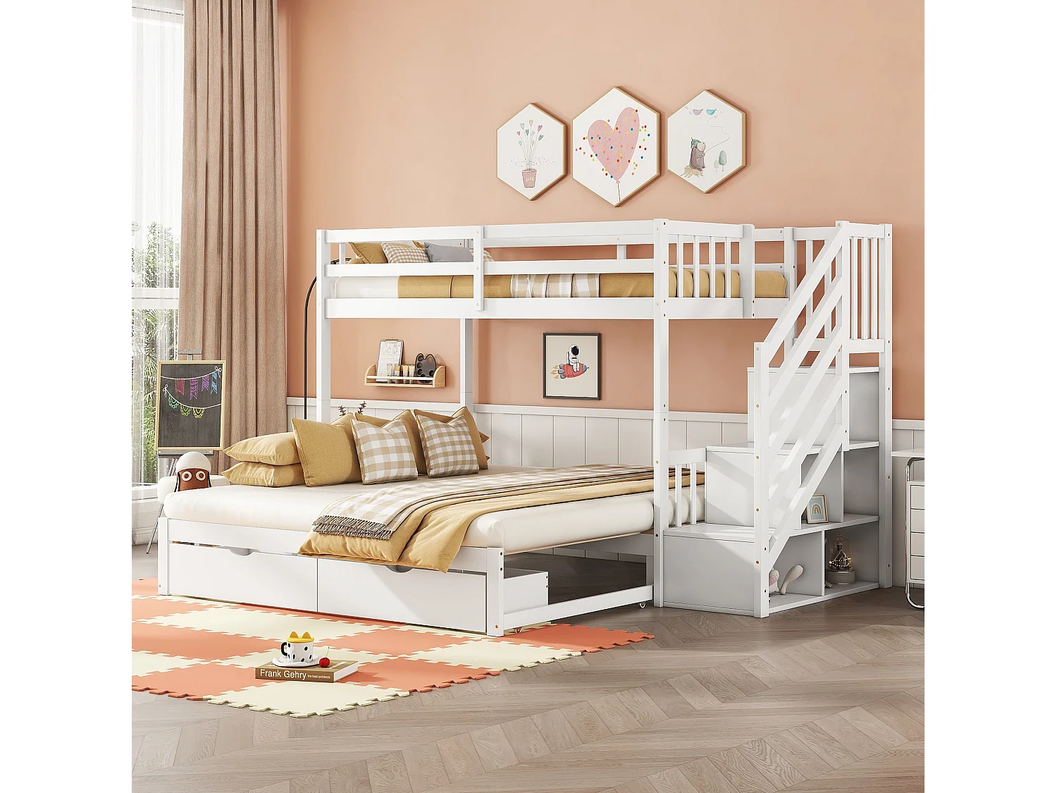 Łóżka piętrowe 2 x 90 x 200 cm z łóżkiem wysuwanym – 2 szuflady i półki do przechowywania – drewno sosnowe – białe (bez materaca) 3508890