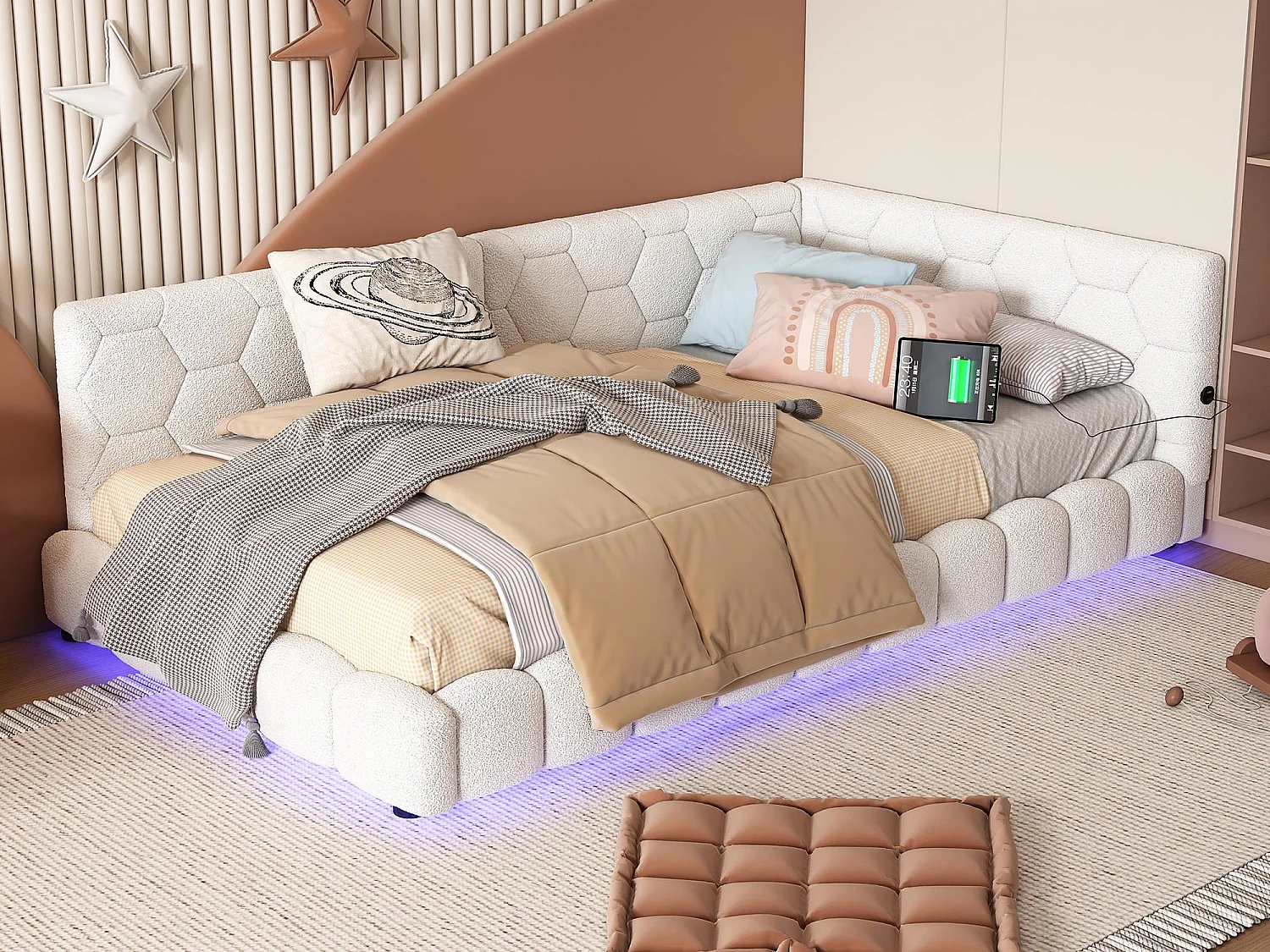 Łóżko banquette 90x200cm z weluru - z LED i portem USB - Białe 2865480 - obrazek 1
