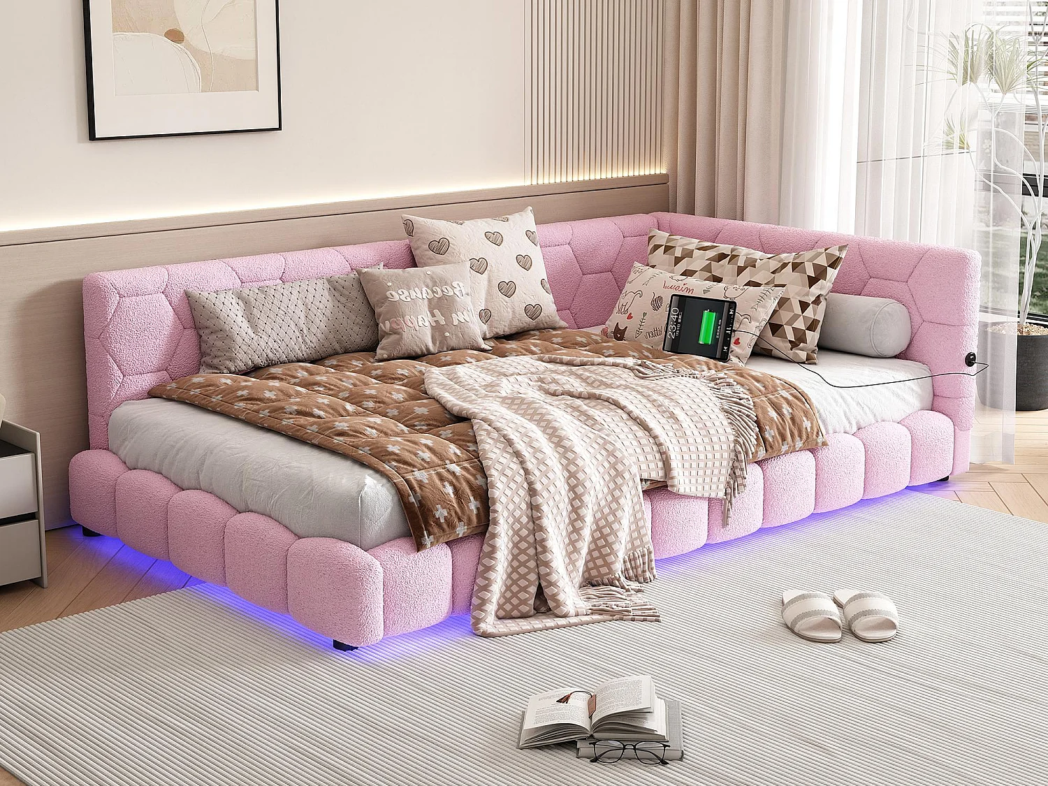 Łóżko banquette 90x200cm z weluru - z LED i portem USB - Różowe 2865487 - obrazek 1