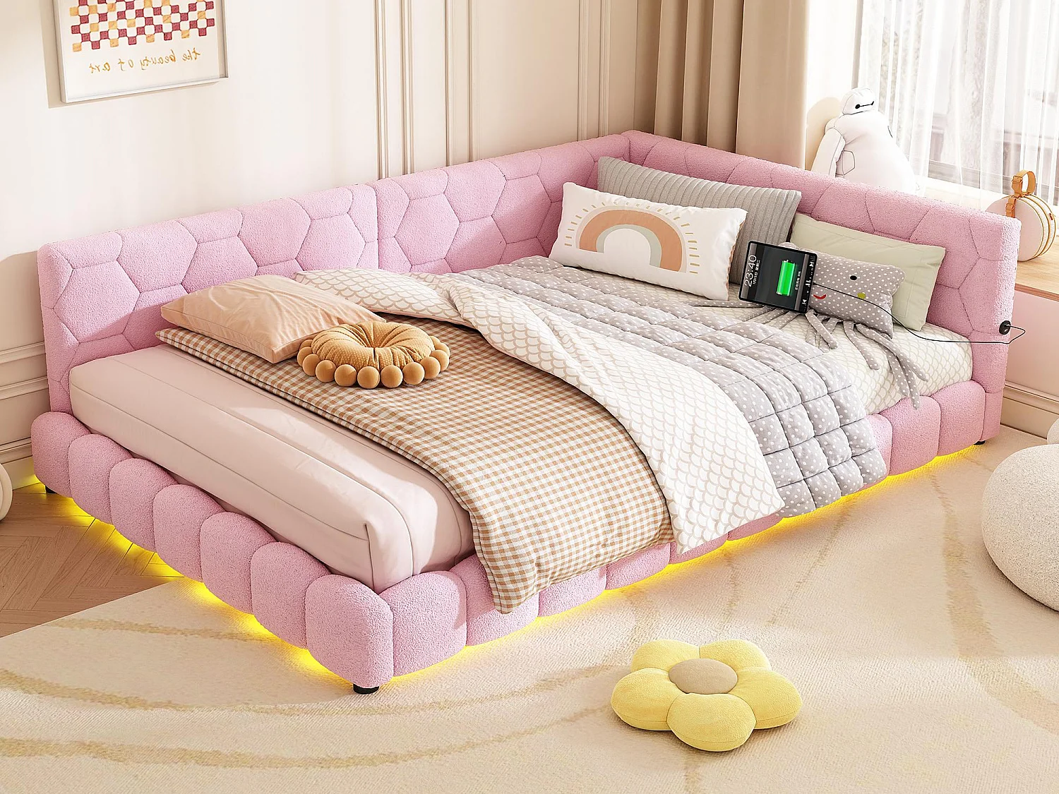 Łóżko banquette 140x200cm z weluru – z LED i portem USB – Różowe 2865492