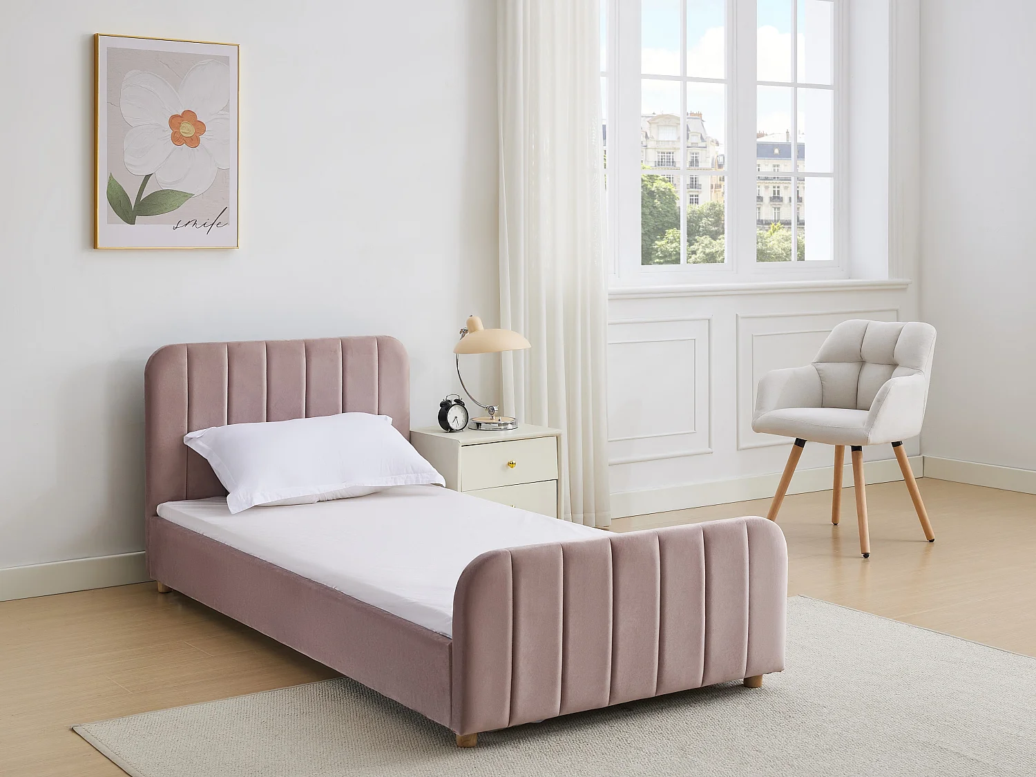 Łóżko 90 x 190 cm - Welur z pionowymi przeszyciami - Różowy + Materac - ROGADI 3538817 - obrazek 1