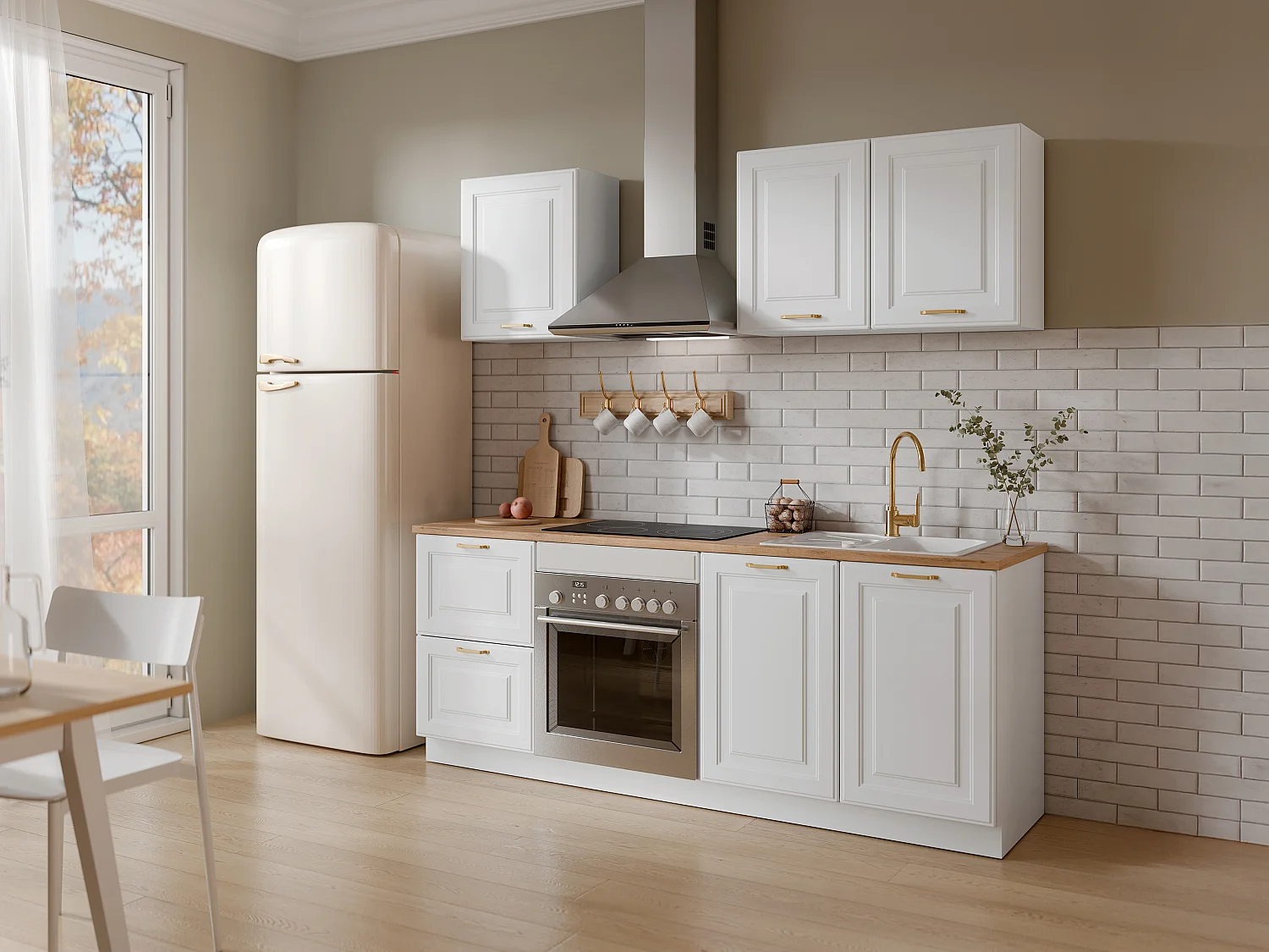 Zestaw mebli kuchennych – Z blatem 200 cm – Biały i naturalny – CELOMIA 3456970