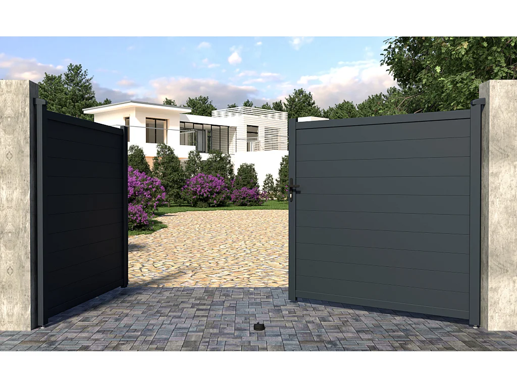 Brama wjazdowa rozwierna NAZARIO, pełna, z aluminium w kolorze antracytowym – 350 × 173 cm (szer. × wys.) 124041