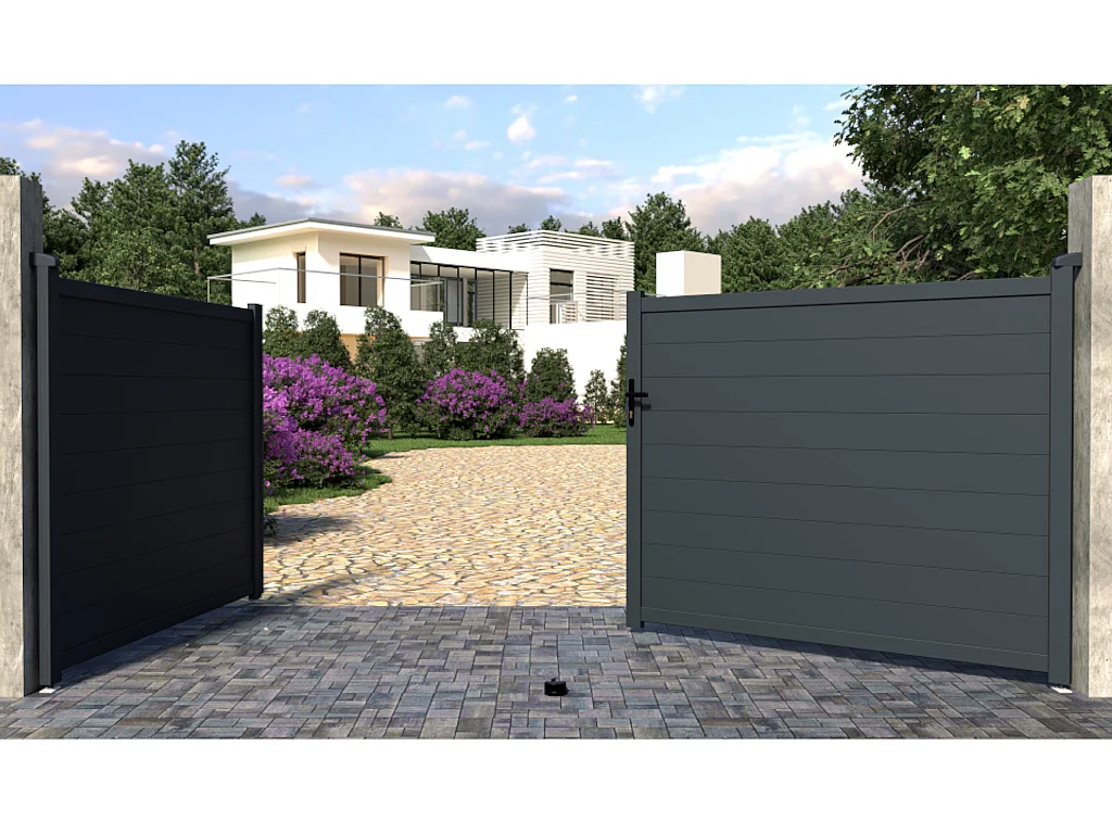 Brama wjazdowa rozwierna NAZARIO, pełna, z aluminium w kolorze antracytowym – 392 × 158 cm (szer. × wys.) 124045
