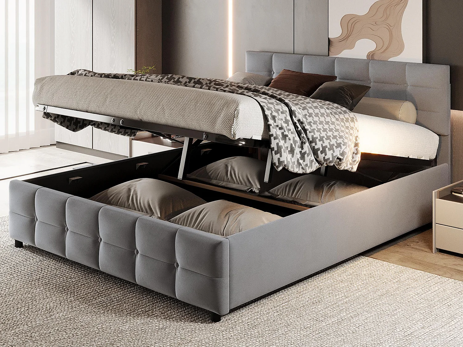 Łóżko 180x200cm z weluru - z stelażem na listwy - Szare 3556224 - obrazek 1