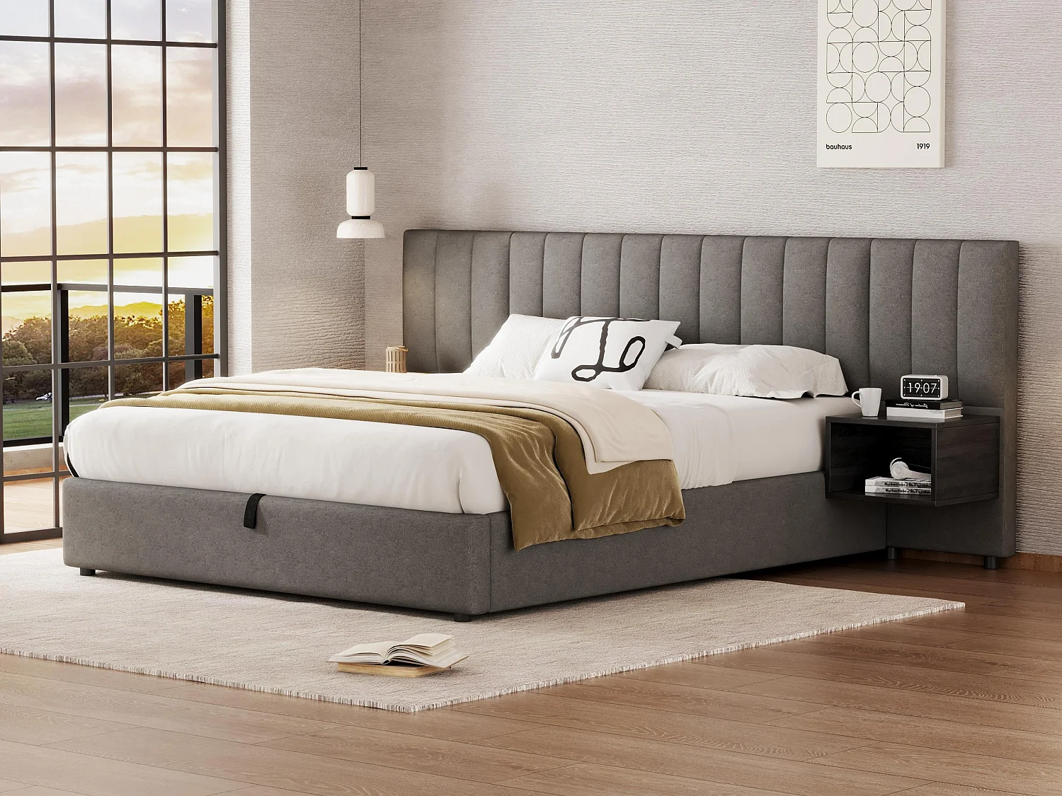 Łóżko 160x200cm z tkaniny lnianej - z 2 stolikami nocnymi i stelażem na listwy - Szary 3566961 - obrazek 1