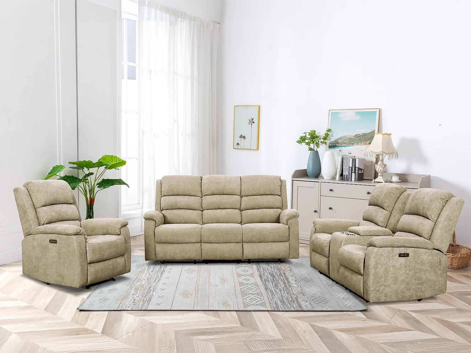 Kanapa 3-osobowa i fotel z elektryczną funkcją relax rozkładany z tkaniny taupe NEVERS 613285 - obrazek 1