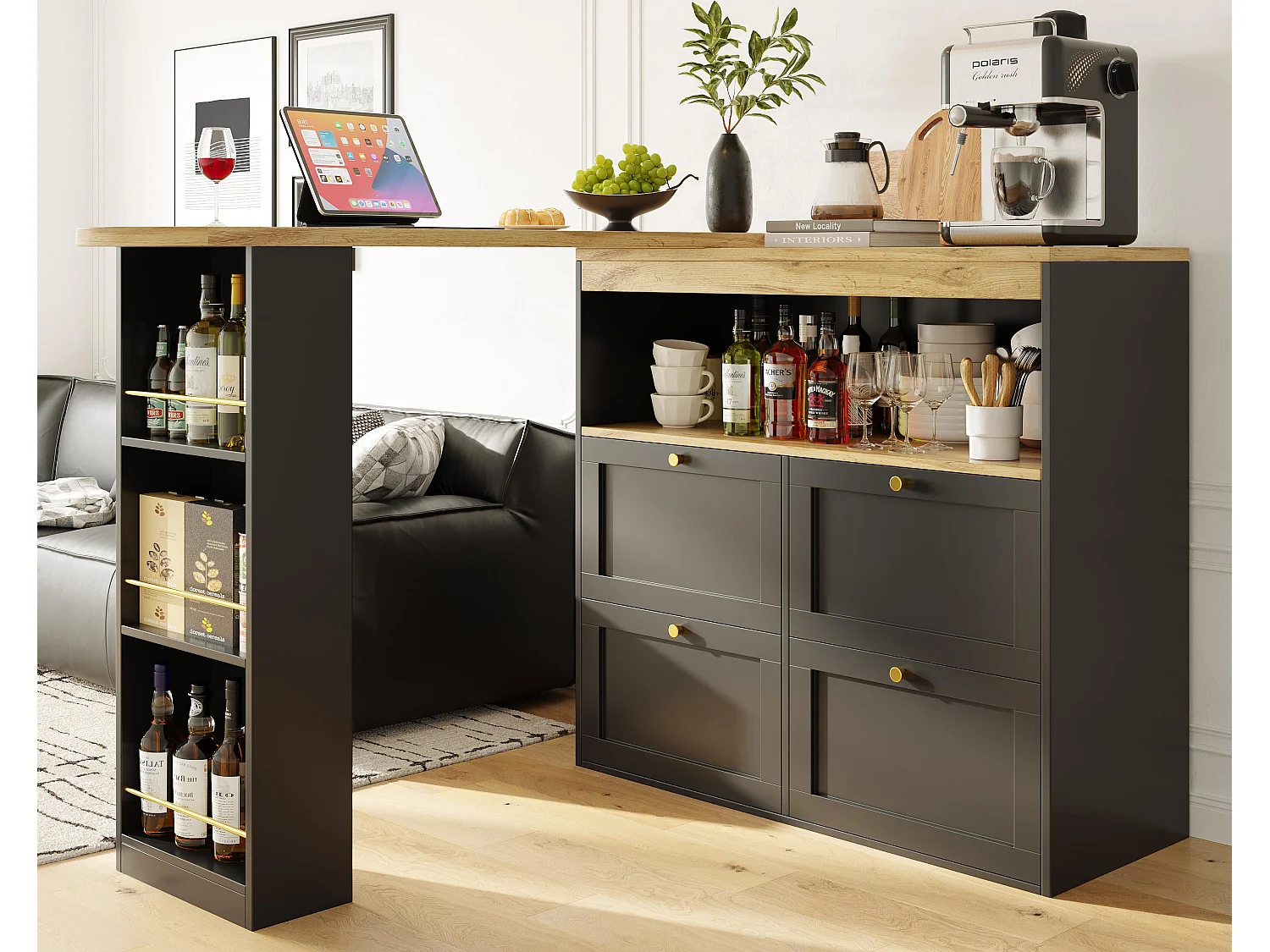 Bufet, obrotowy i chowany mebel barowy – 4 szuflady i 4 przegrody – Czarny 3579456