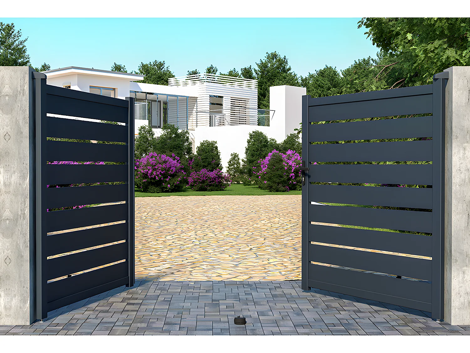 Brama wjazdowa rozwierna PRIMO, ażurowa, z aluminium w kolorze antracytowym – 300 × 176 cm (szer. × wys.) 124019