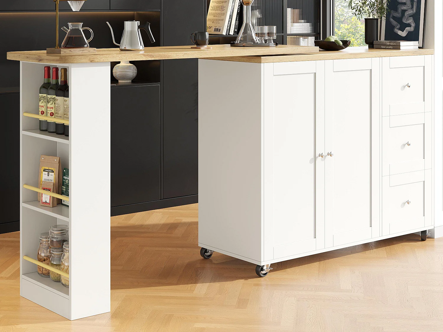 Bufet, obrotowy mebel barowy – MDF – 3 szuflady i 2 drzwi – Biały 3634136